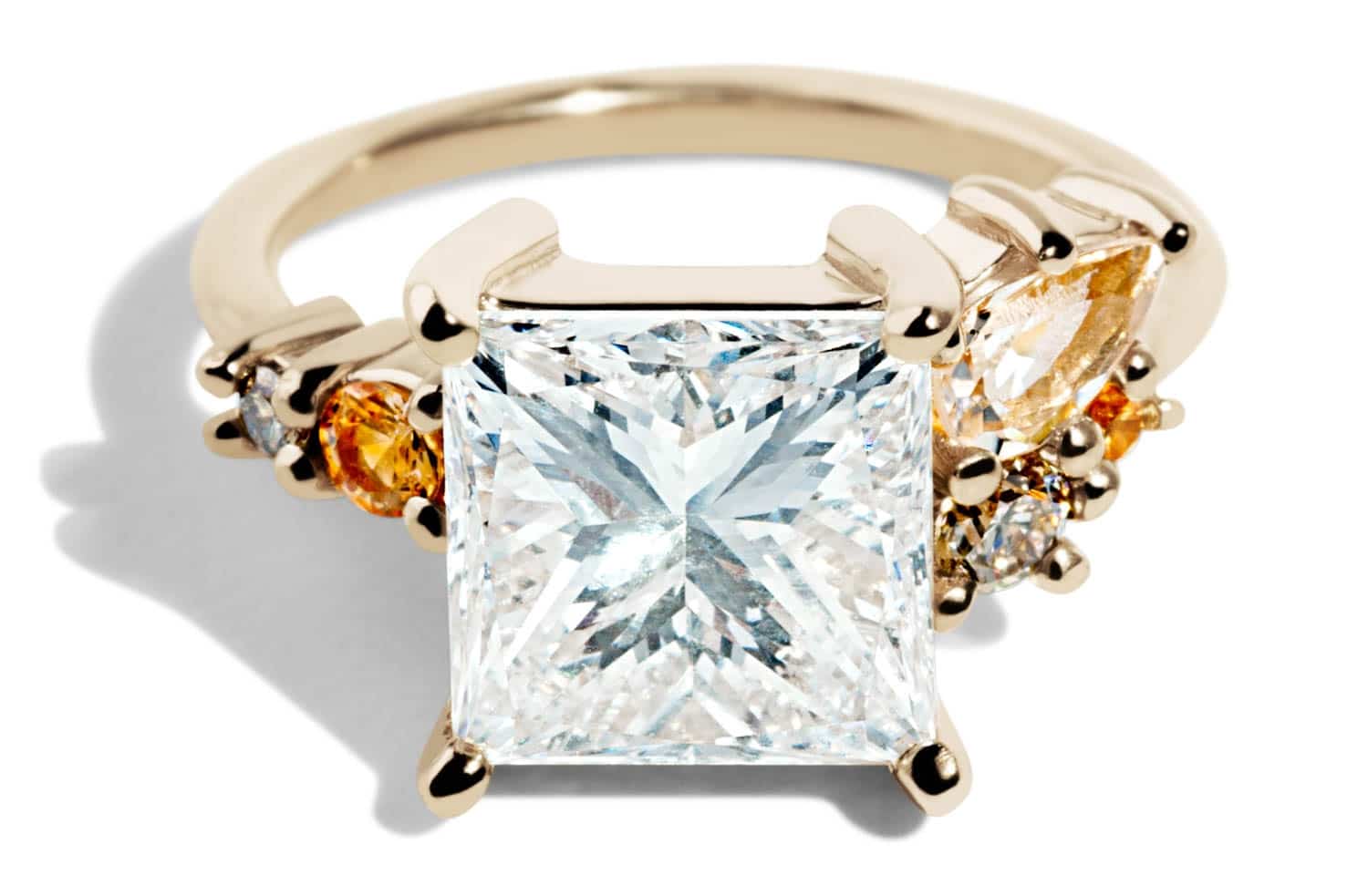 Custom Princess Cut Diamond and Apricot Sapphire Cluster Ring