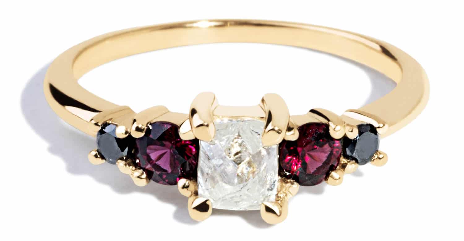 Custom Raw Diamond, Garnet, and Black Diamond Ring