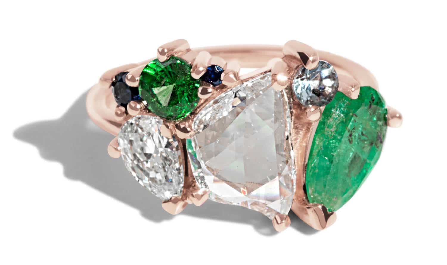 Custom Free Form Diamond and Emerald Cluster Ring