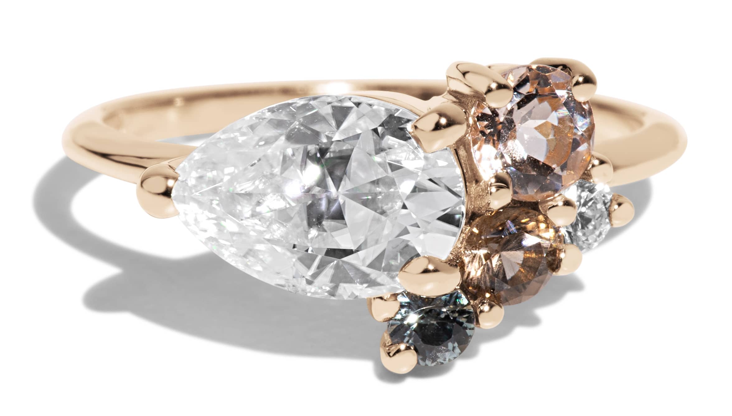 Custom Pear Cut Moissanite and Smokey Quartz Cluster Ring