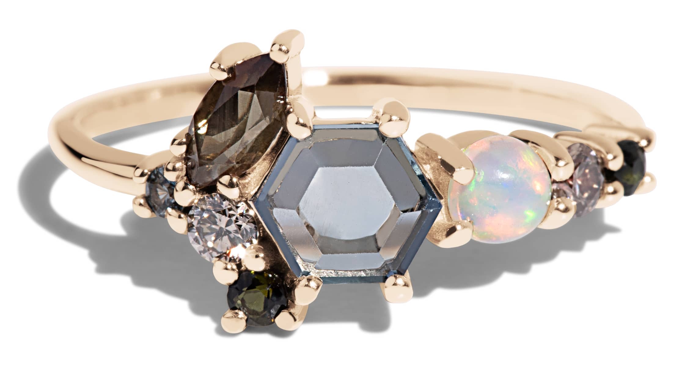 Custom Blue Sapphire, Opal, and Andalusite Cluster Ring