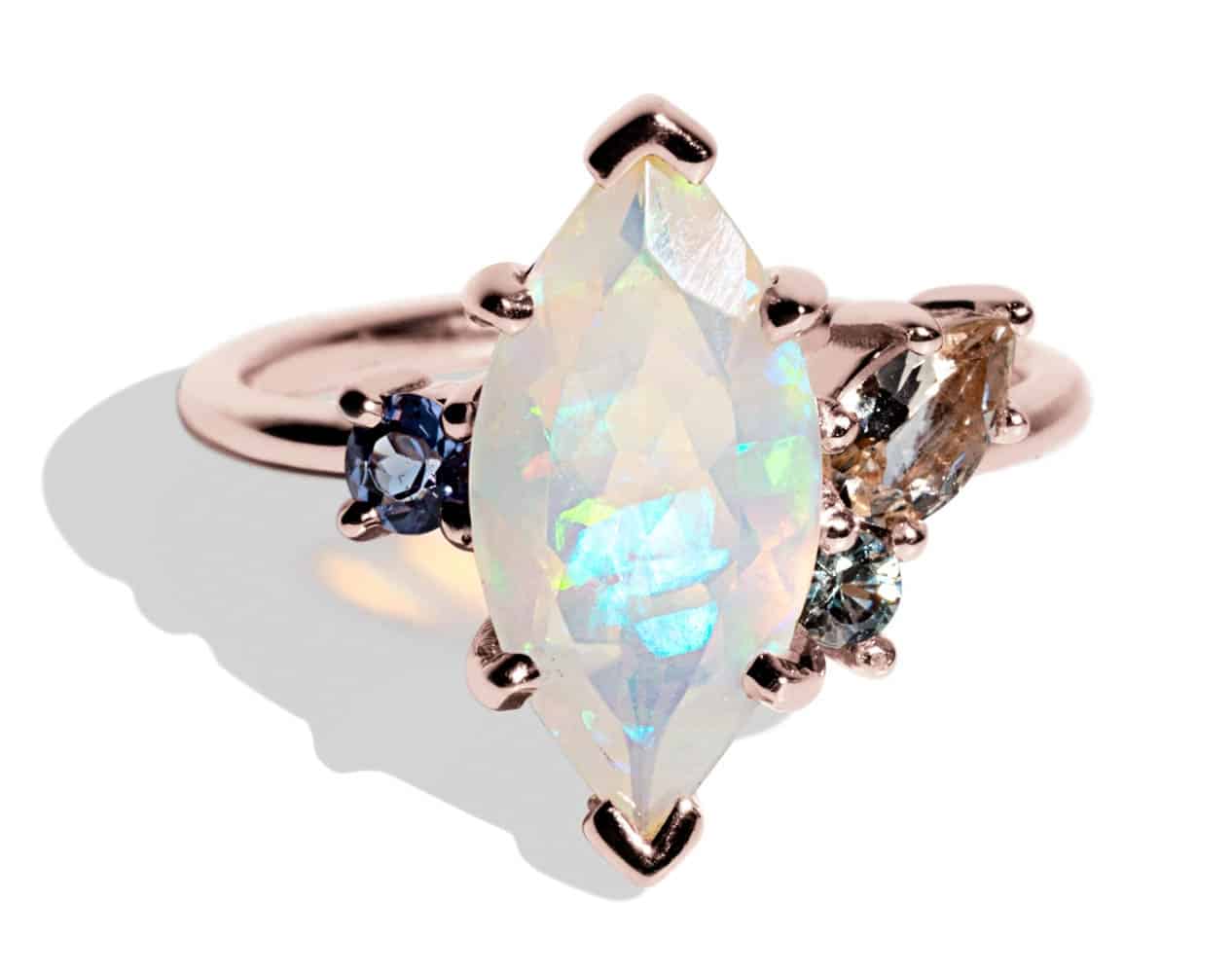 Custom Marquise Cut Opal and Morganite Cluster Ring