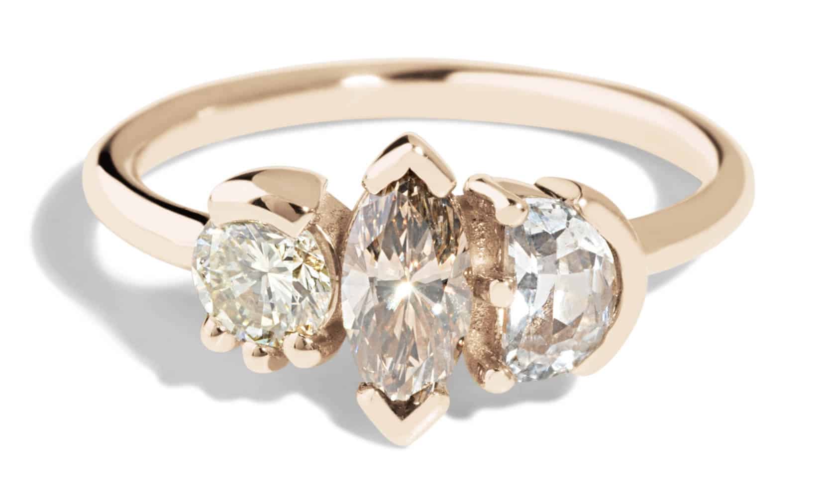 Custom Champagne Diamond and White Sapphire Triad Ring