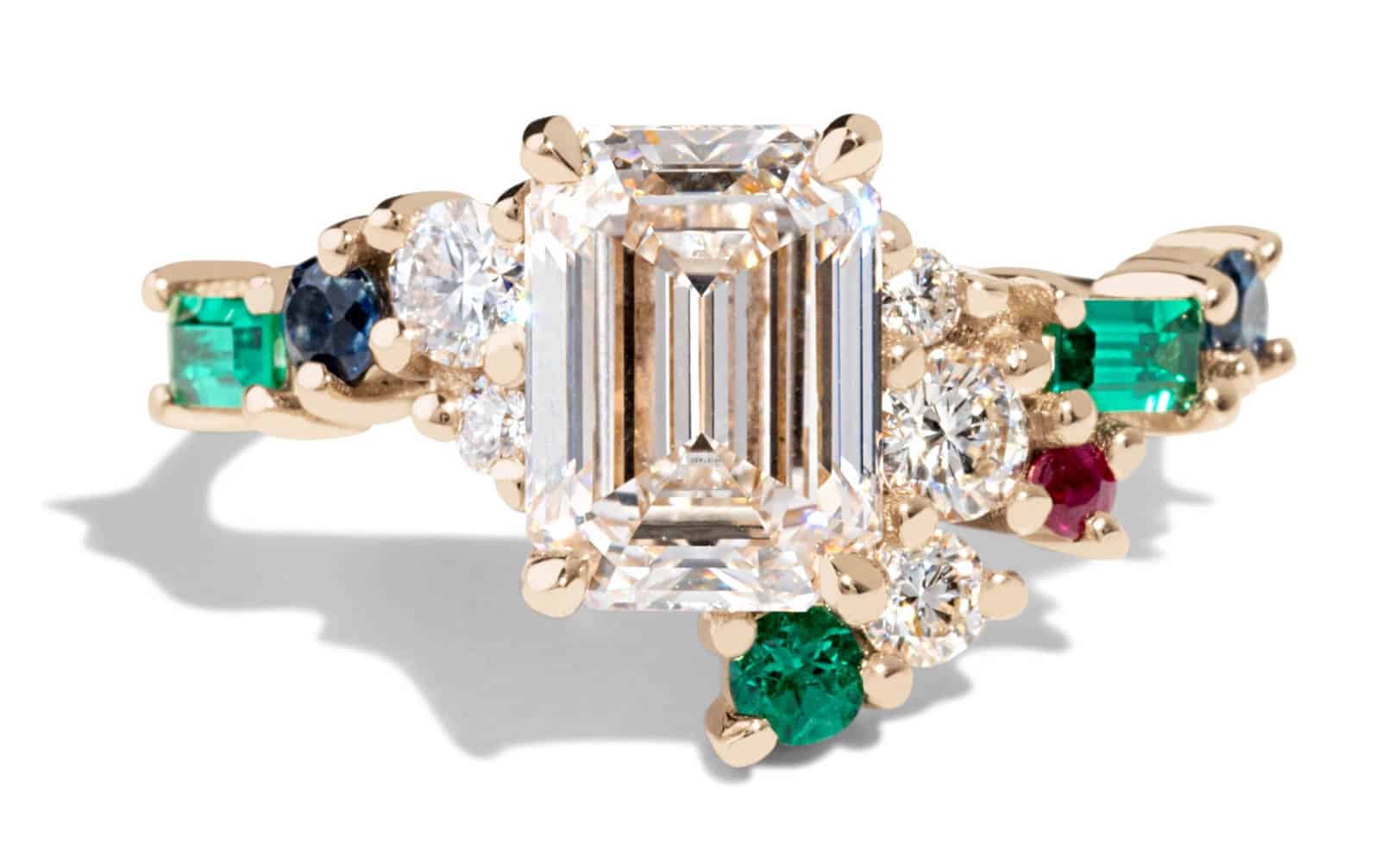 Custom Diamond, Emerald, and Ruby Cluster Ring