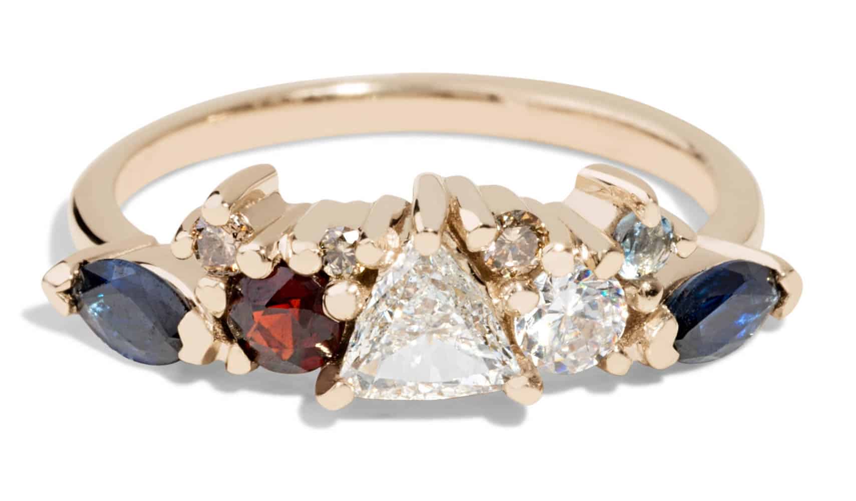 Custom Diamond, Garnet, and Blue Sapphire Cluster Ring