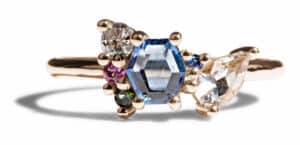 Custom Hex Cut Blue Sapphire Cluster Ring in 14kt Yellow Gold