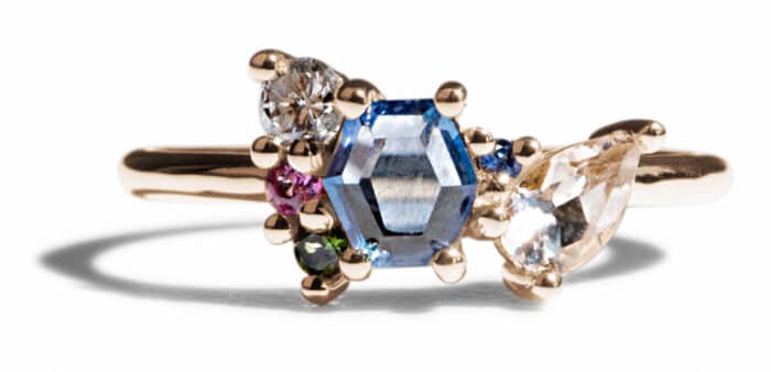 Custom Hex Cut Blue Sapphire Cluster Ring in 14kt Yellow Gold