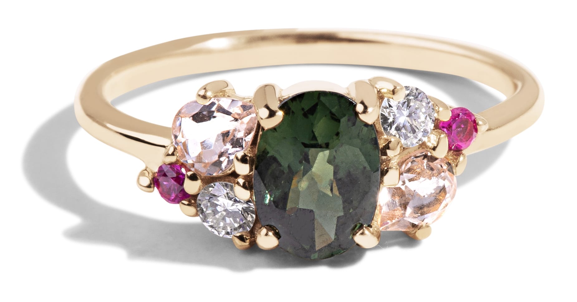 Custom Oval Cut Green Sapphire and Morganite Cluster Ring