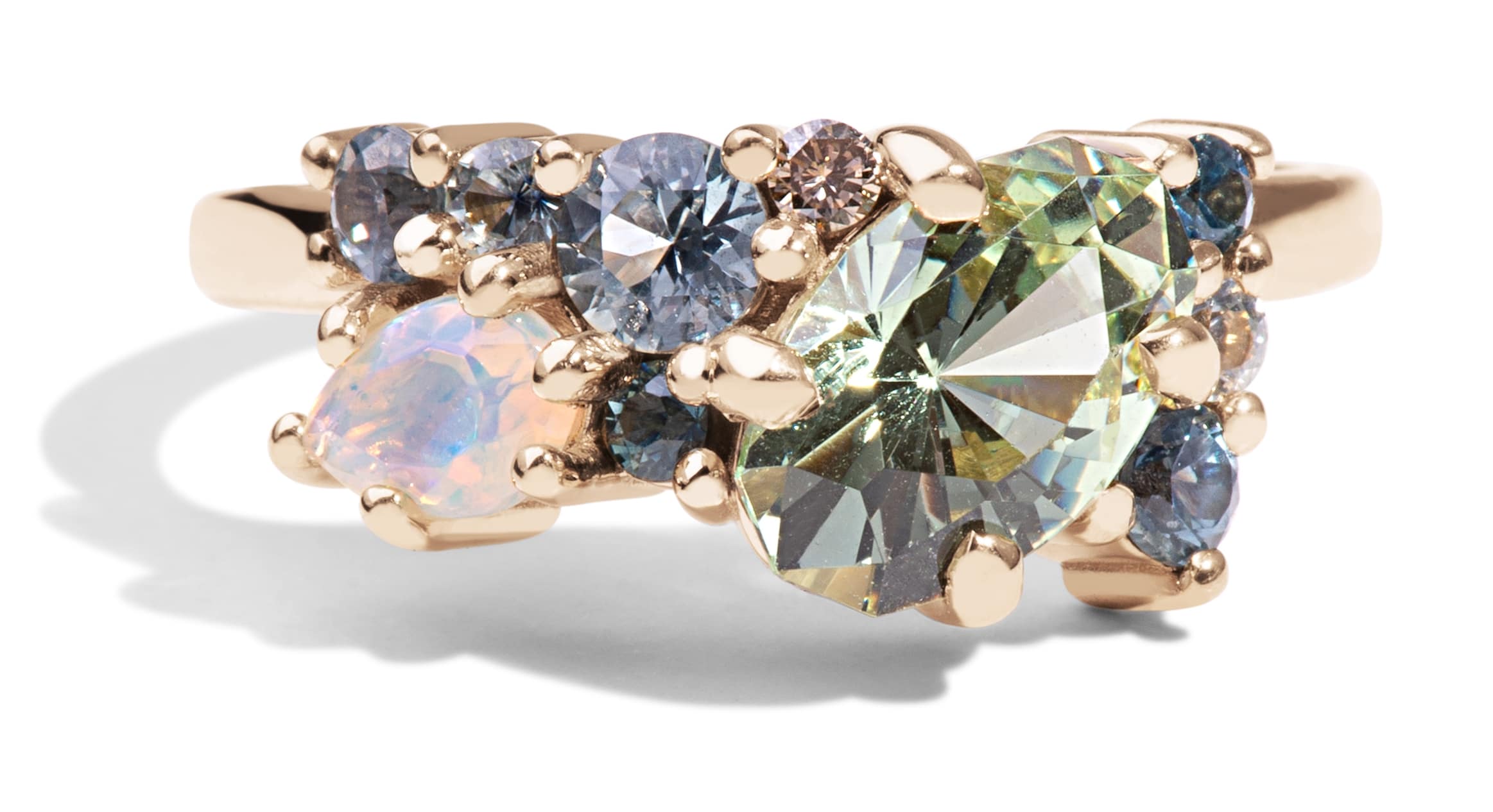 Custom Grossular Garnet and Sea Foam Sapphire Cluster Ring