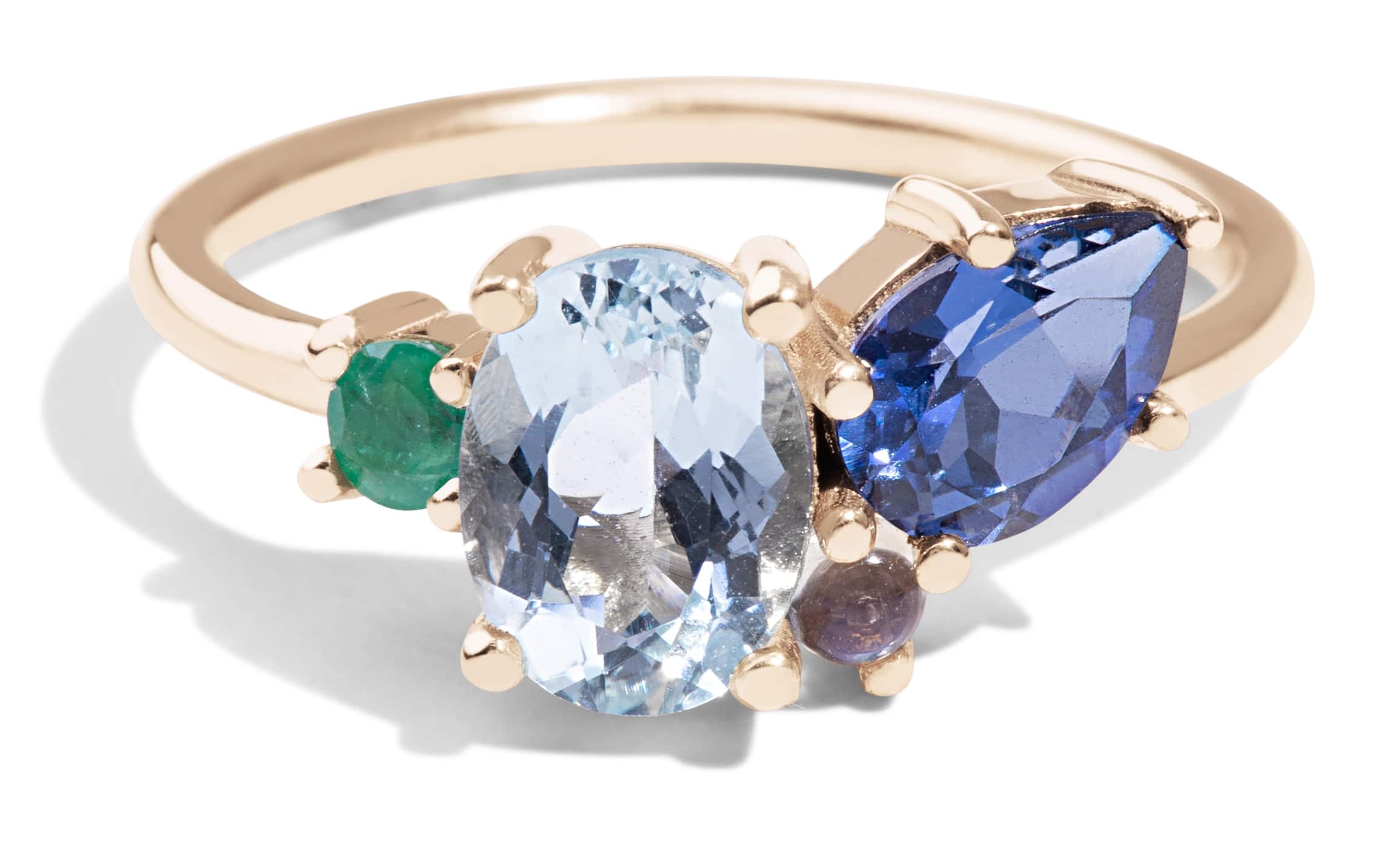 Custom Aquamarine, Blue Sapphire, and Emerald Cluster Ring