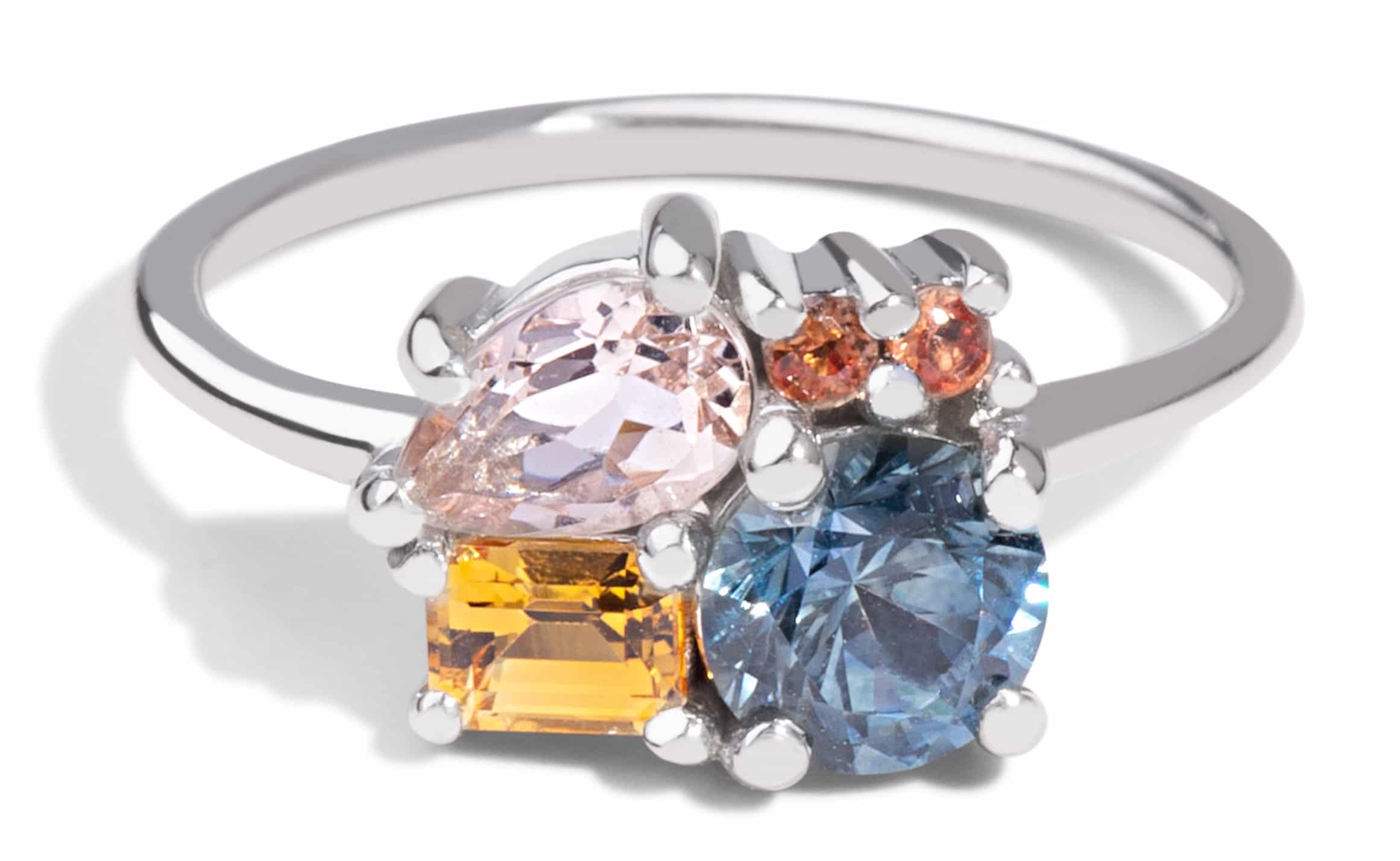 Custom Blue Green and Apricot Sapphire Cluster Ring