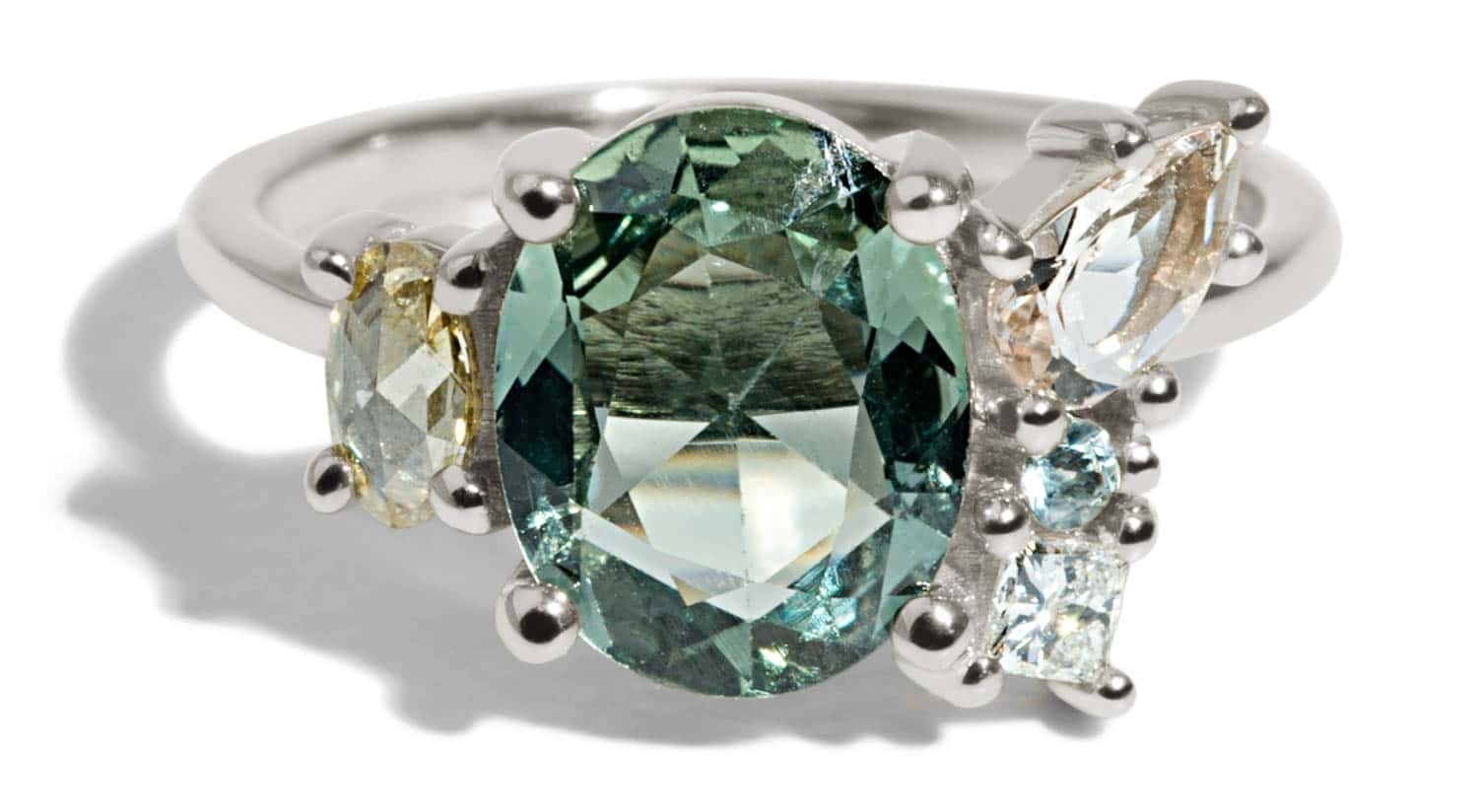Custom Sea Foam Sapphire and Champagne Diamond Cluster Ring