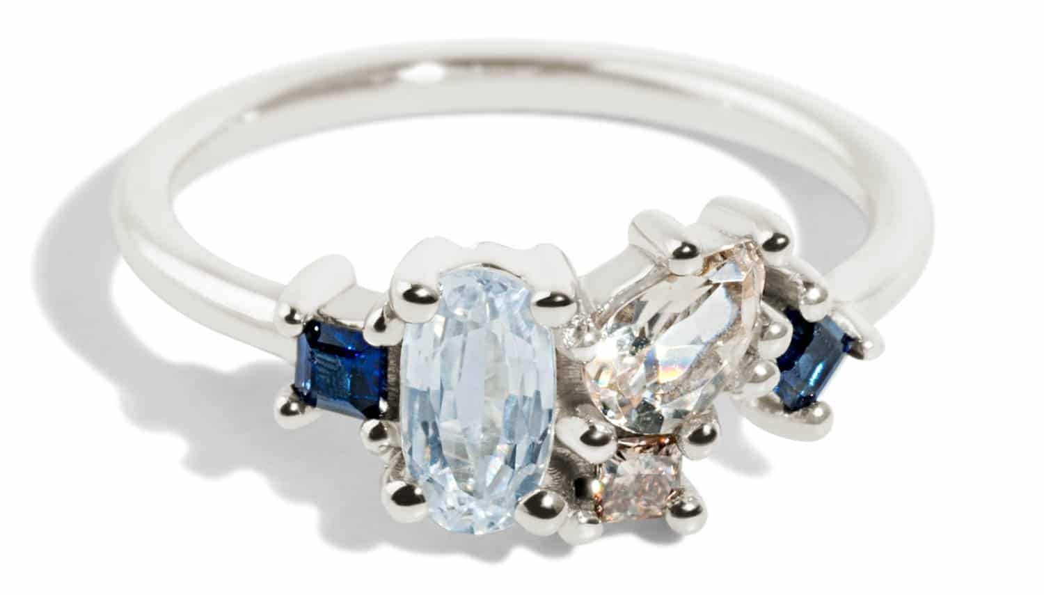 Custom Light Blue Sapphire and Champagne Diamond Cluster Ring