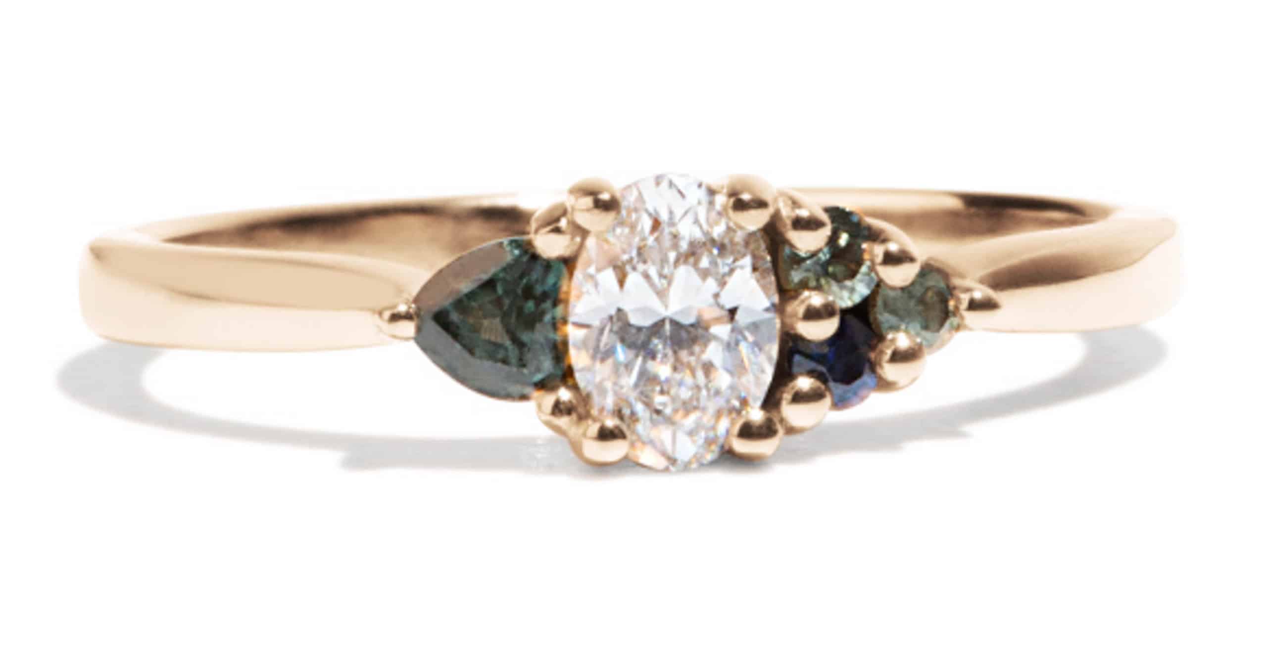 Custom Diamond and Trillion Cut Blue Green Sapphire Cluster Ring