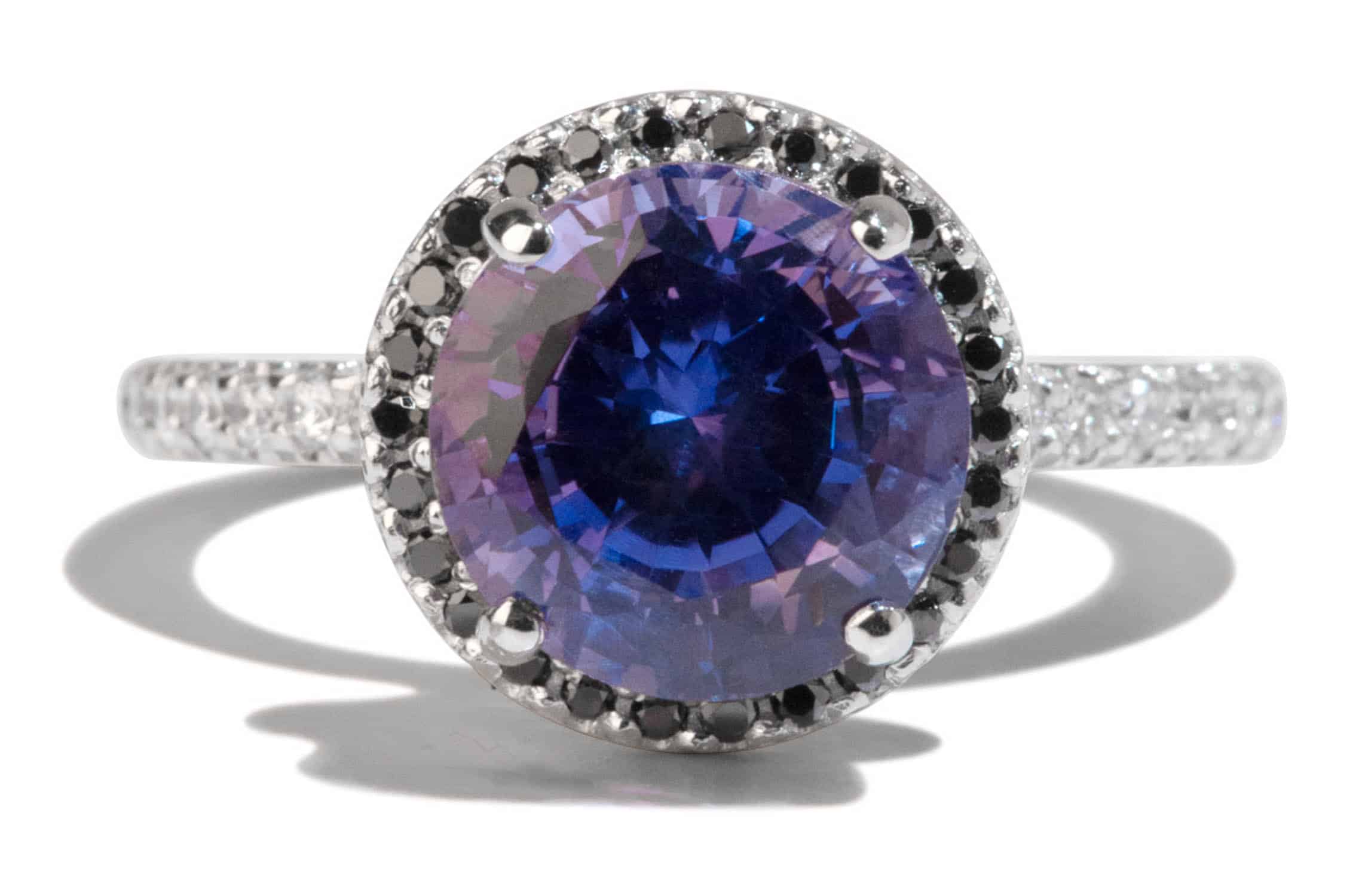 Custom Blue Sapphire and Black Diamond Halo Ring