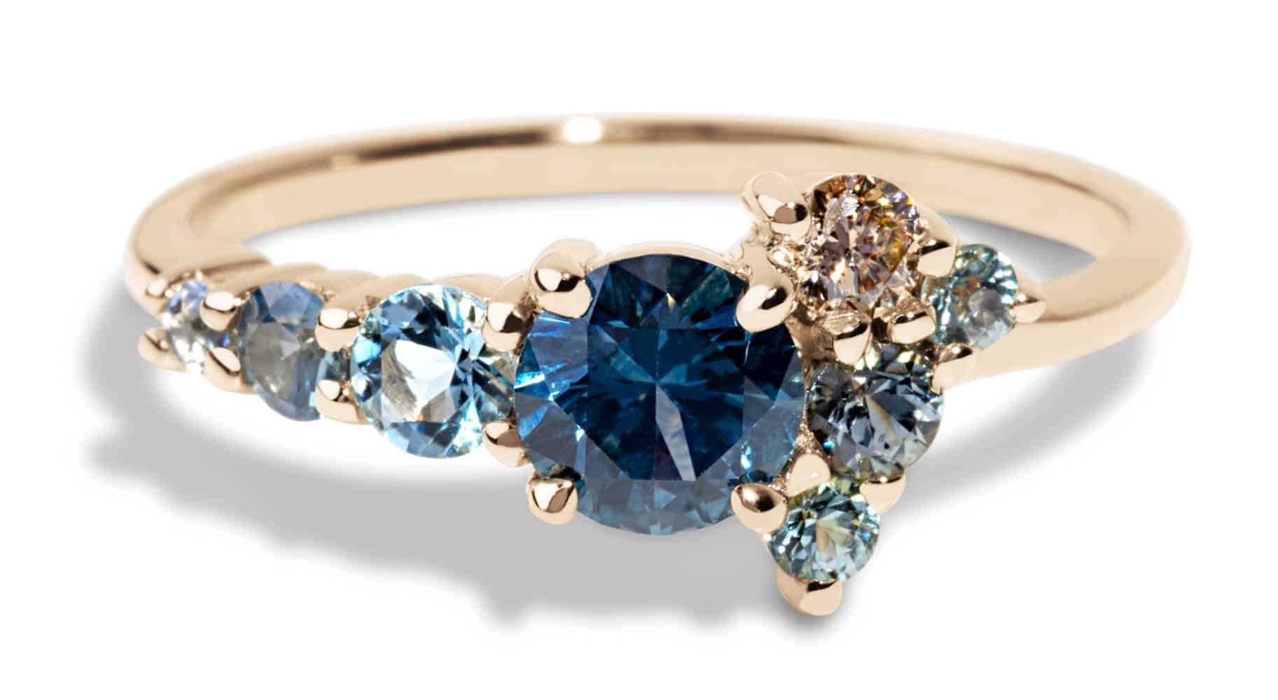 Custom Blue Green Sapphire and Champagne Diamond Cluster Ring
