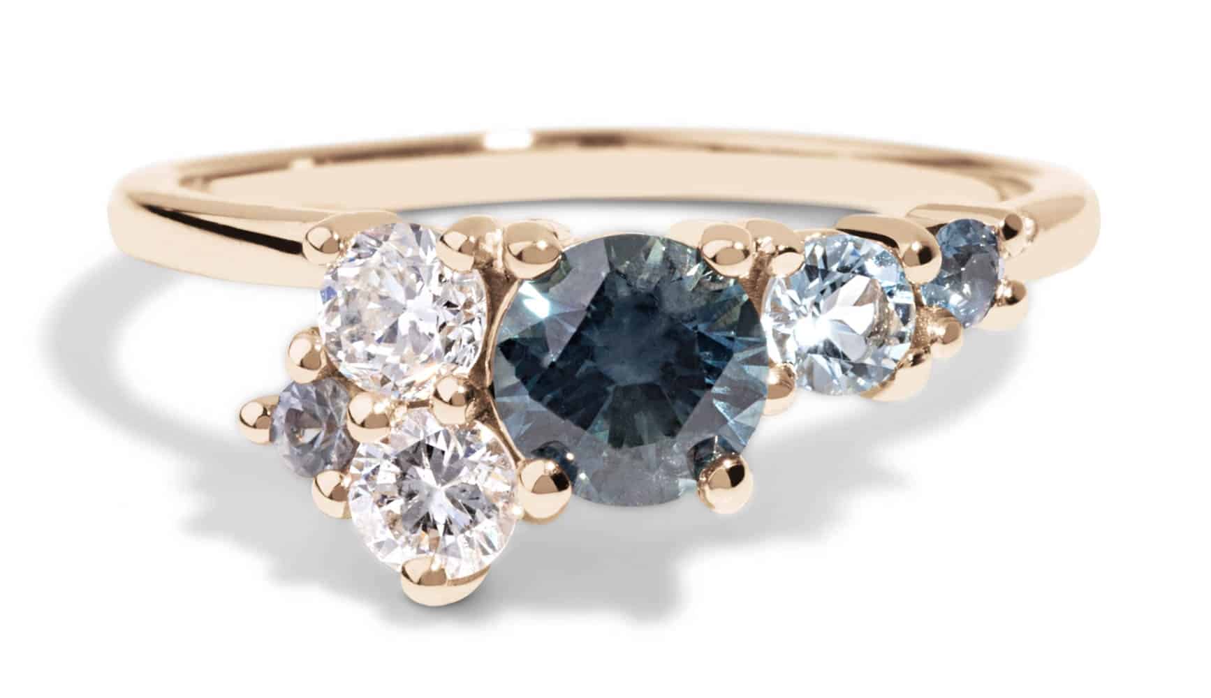 Custom Blue Green Sapphire and Diamond Cluster Ring