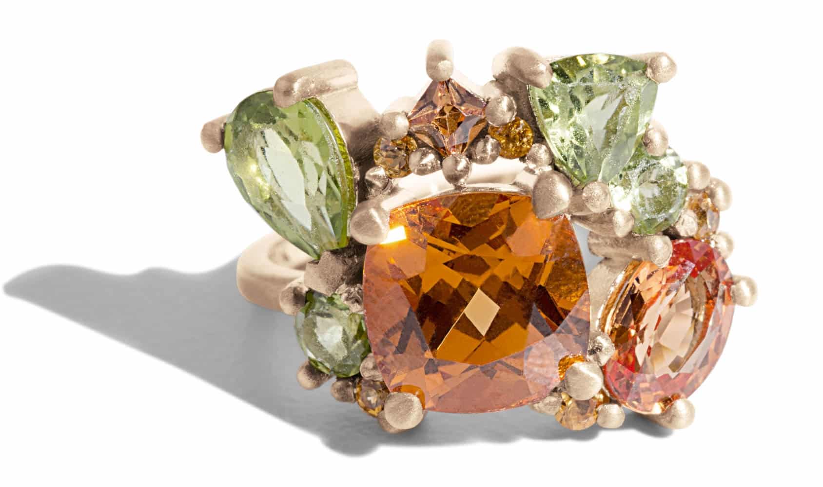 Custom Spessartite Garnet and Peridot Cluster Ring