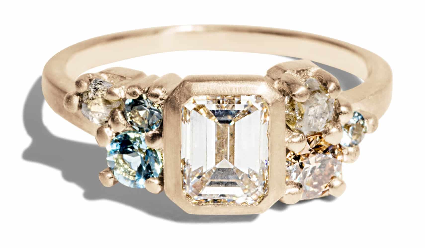 Custom Emerald Cut Diamond and Aquamarine Cluster Ring