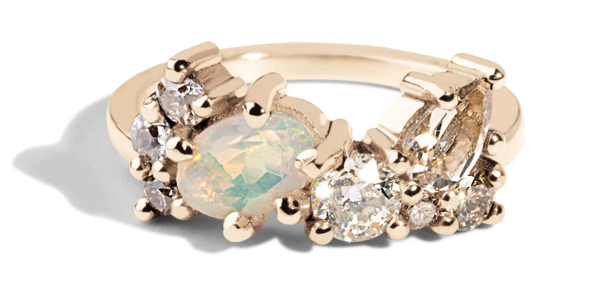 Custom Opal and Champagne Diamond Cluster Ring