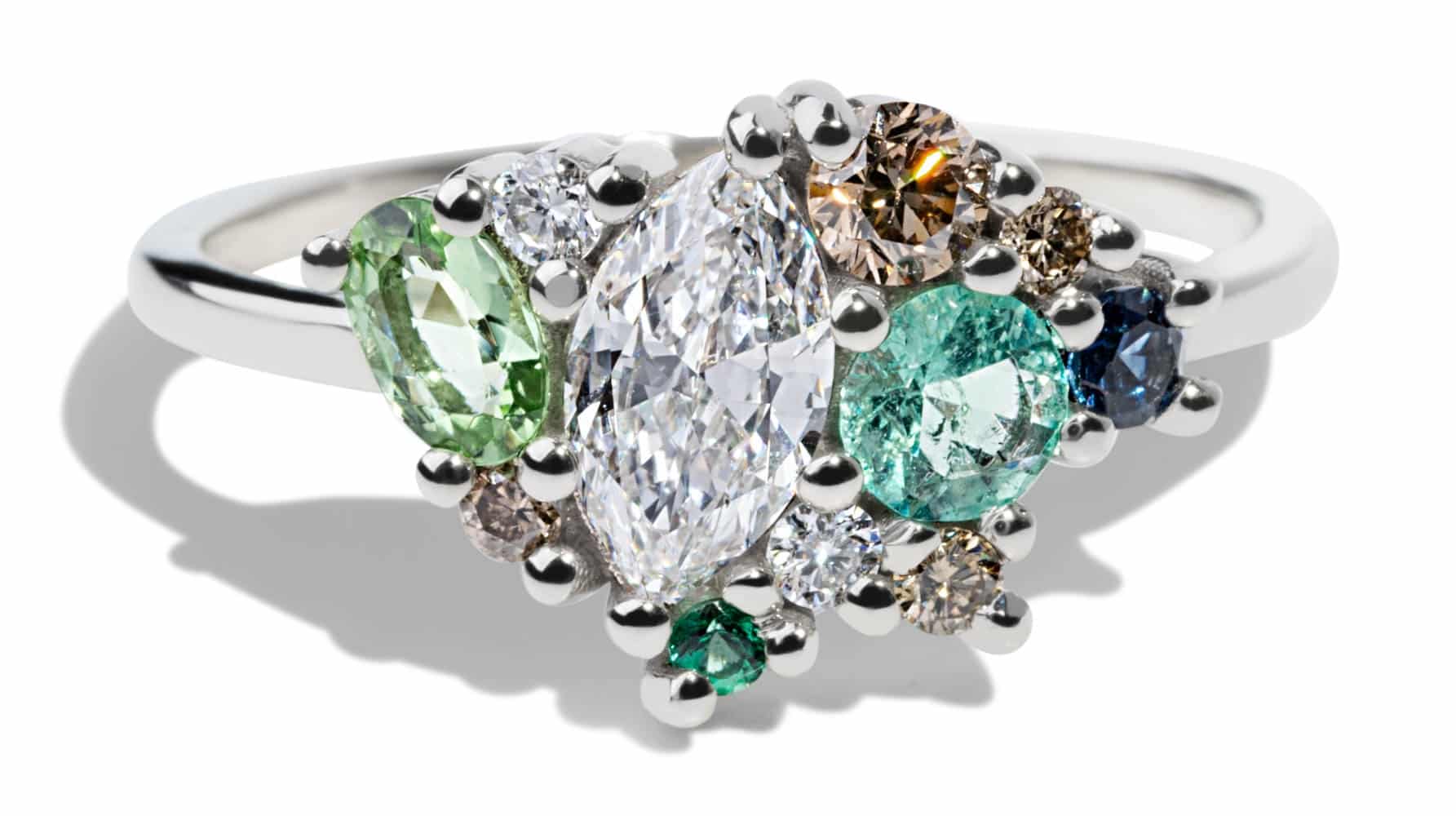 Custom Marquise Cut Diamond and Sapphire Cluster Ring