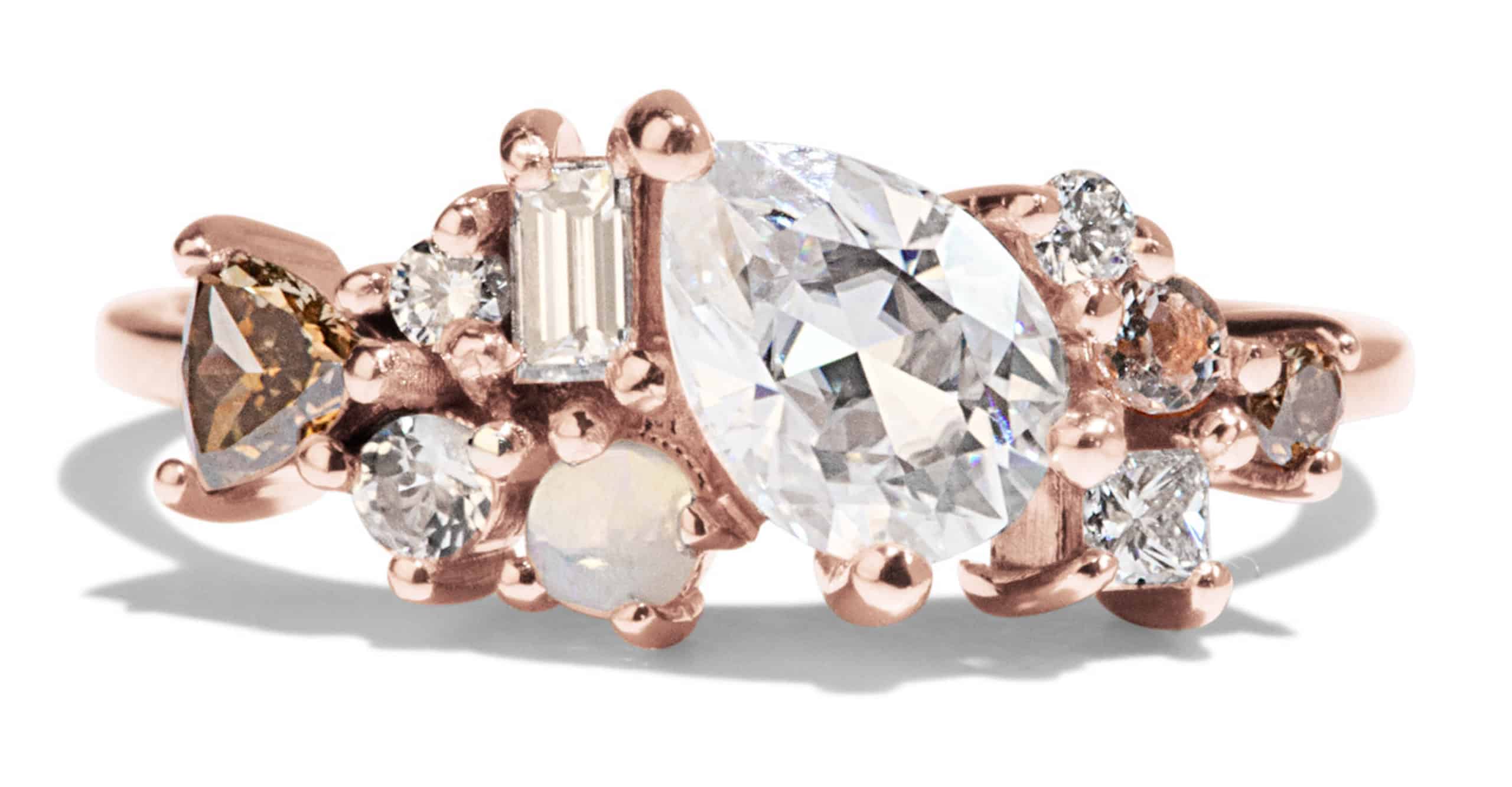 Custom Pear Cut Moissanite, Opal, and Morganite Cluster Ring