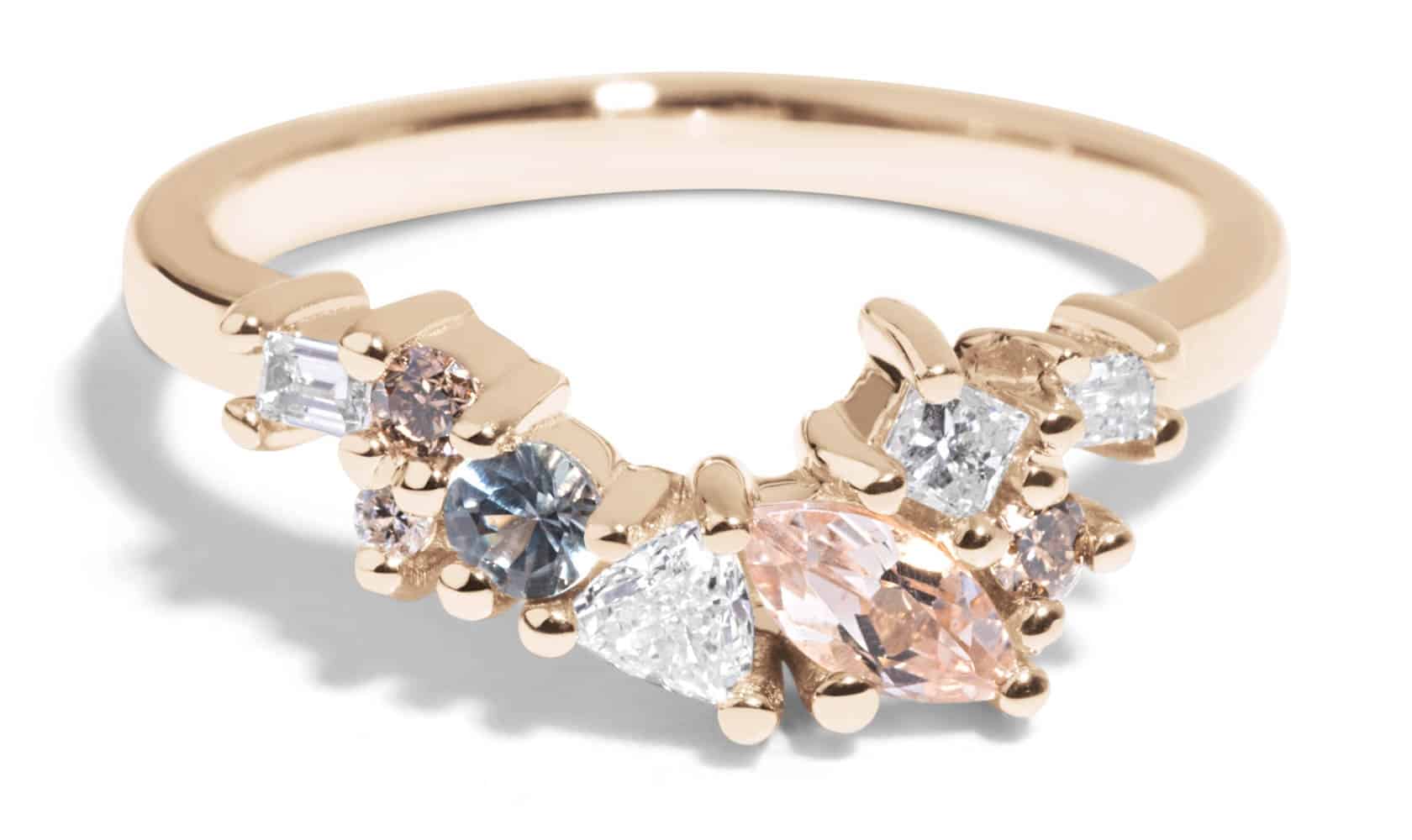 Custom Morganite, Diamond, and Sapphire Cluster Band
