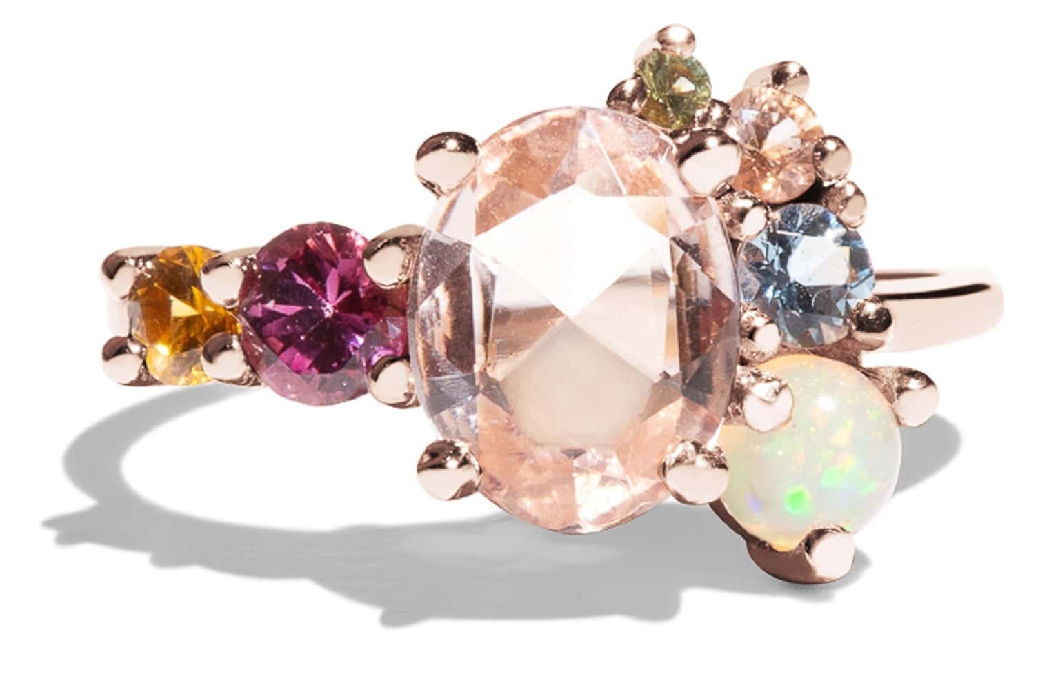 Custom Oval Cut Morganite, Sapphire, and Opal Cluster Ring