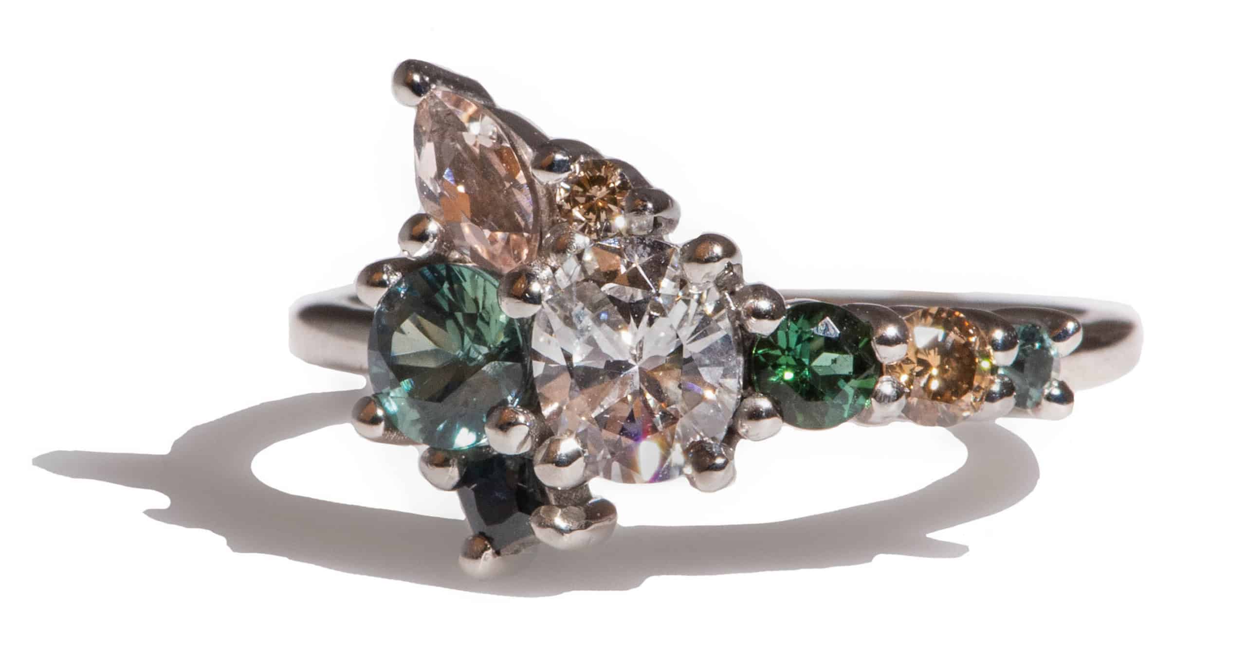 Custom Diamond and Blue Green Sapphire Cluster Ring