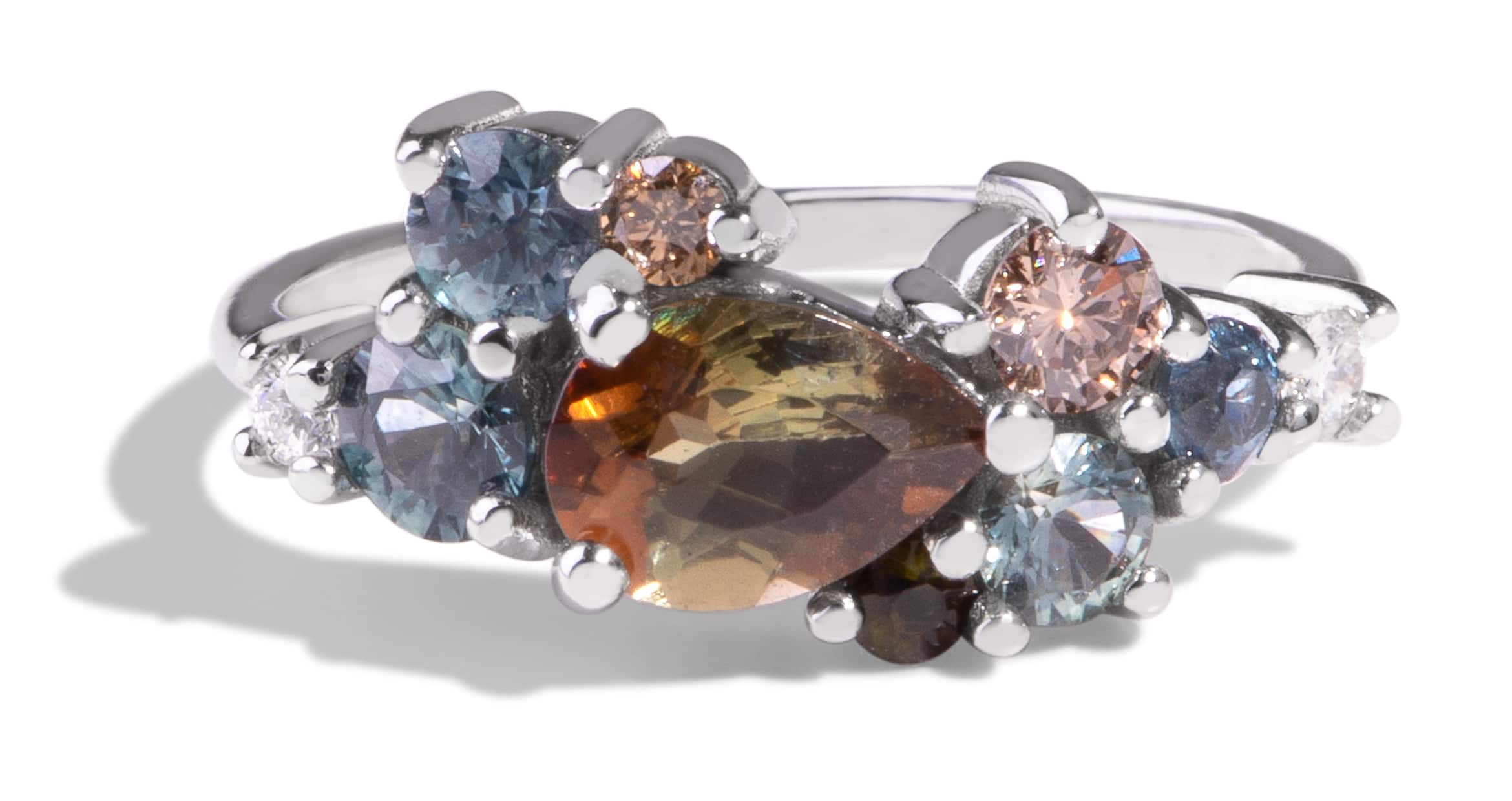 Custom Pear Cut Andalusite and Blue Green Sapphire Cluster Ring