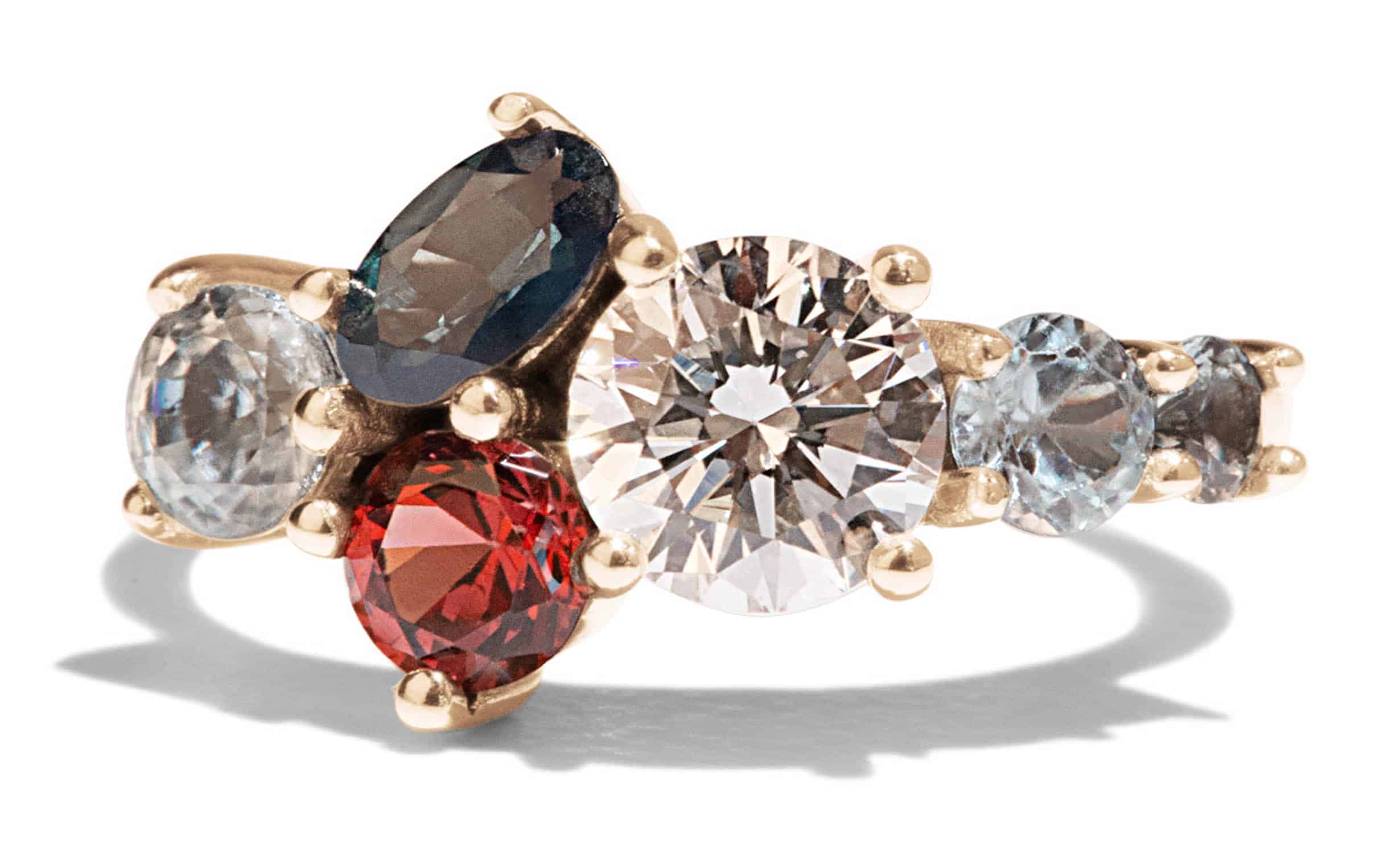 Custom Blue Green Sapphire and Garnet Cluster Ring