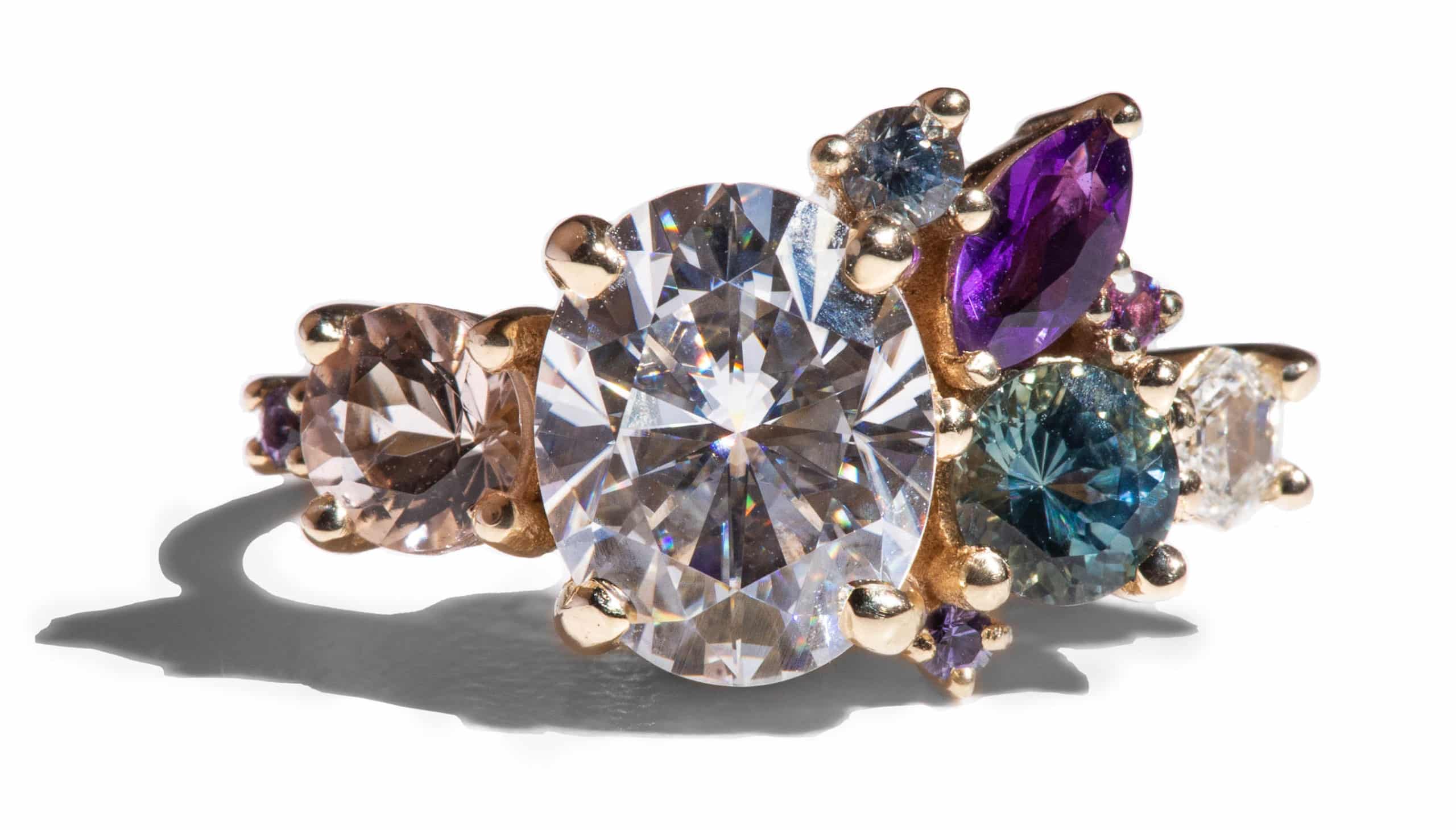 Custom Moissanite, Sapphire, and Amethyst Cluster Ring