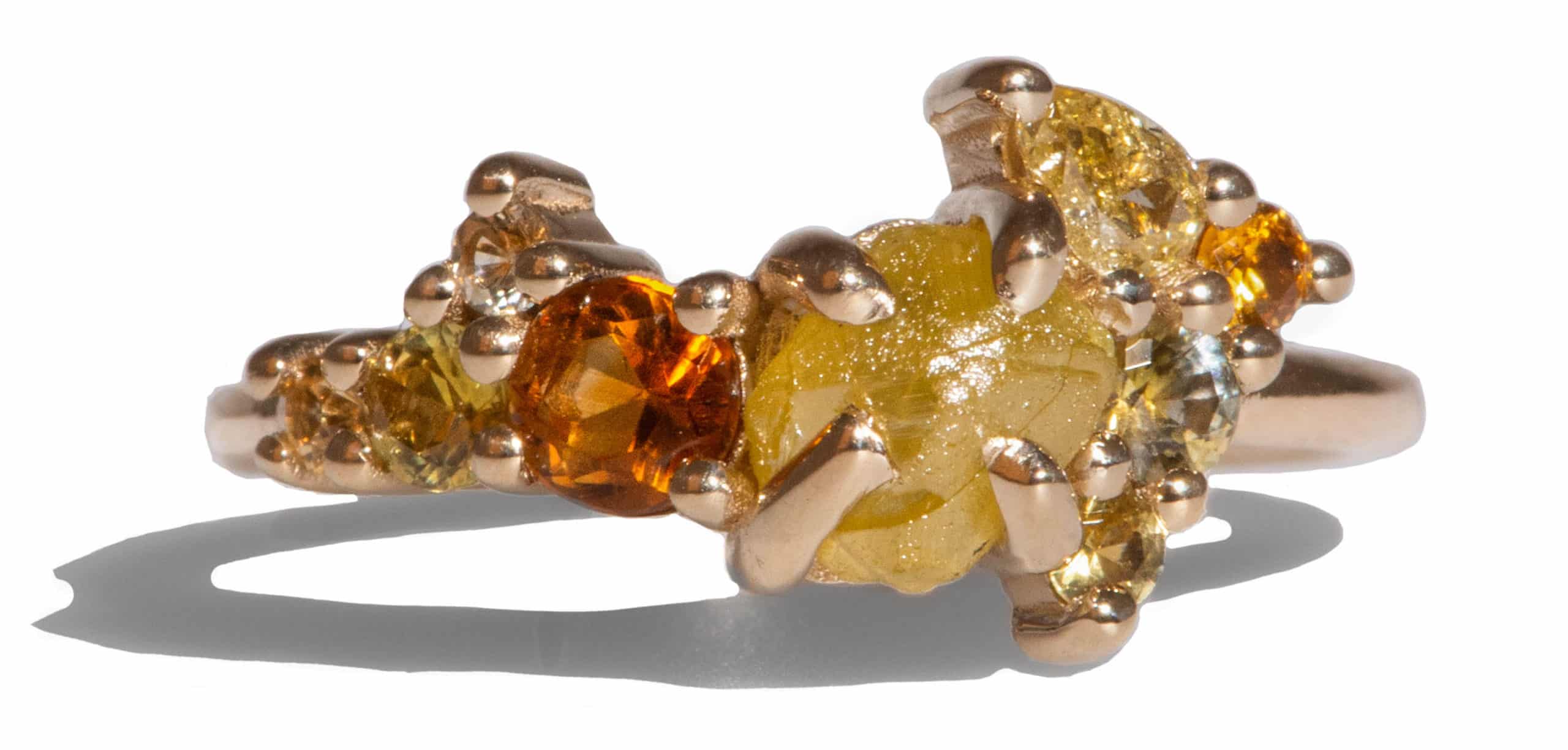 Custom Raw Yellow Diamond and Apricot Sapphire Cluster Ring