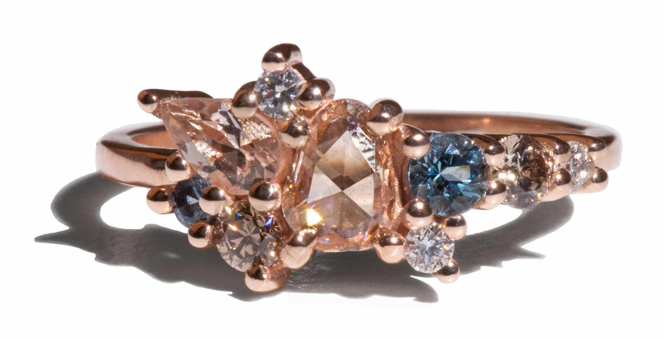 Custom Rose Cut Champagne Diamond and Morganite Cluster Ring
