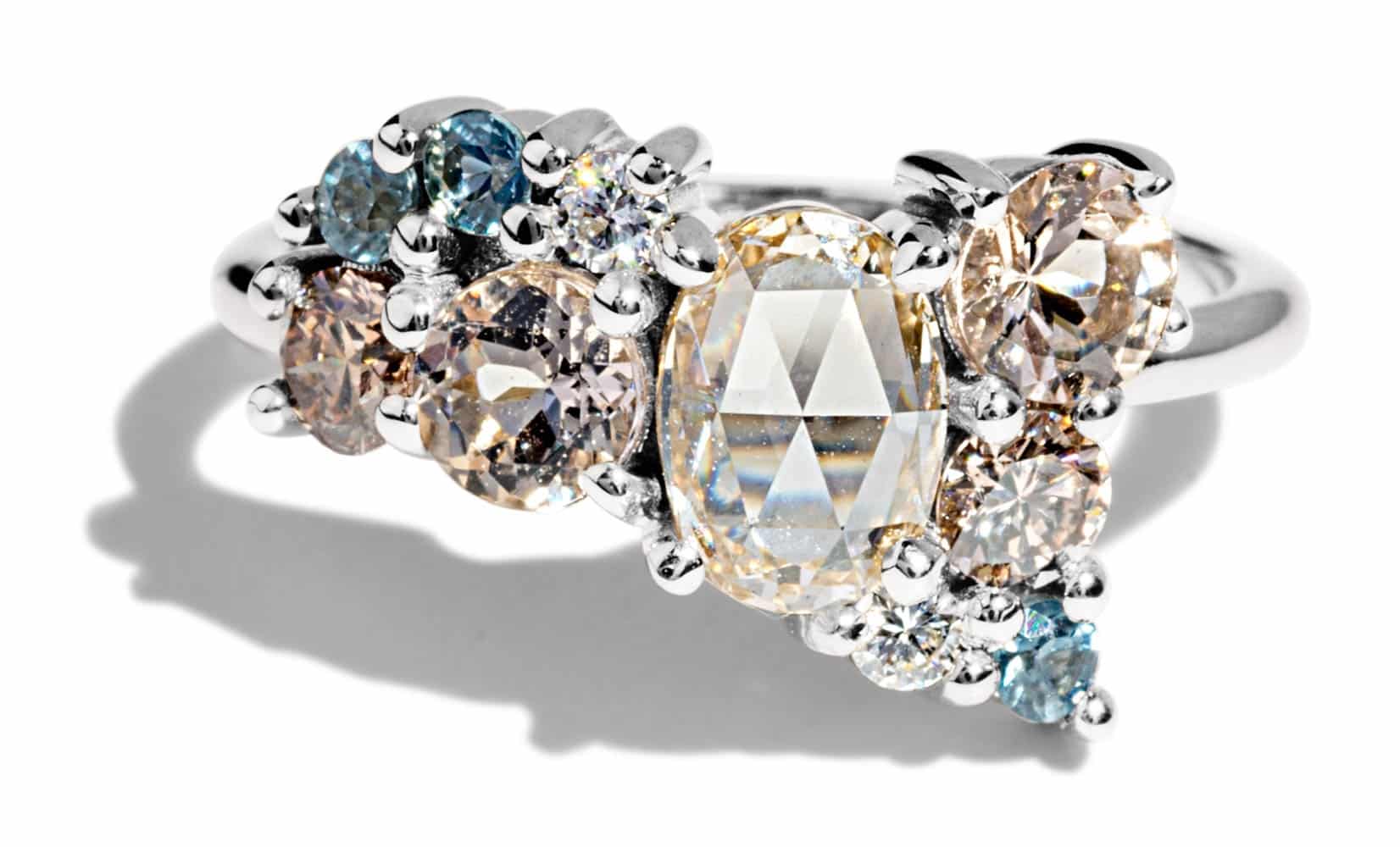 Custom Champagne Diamond, Morganite, and Sapphire Cluster Ring