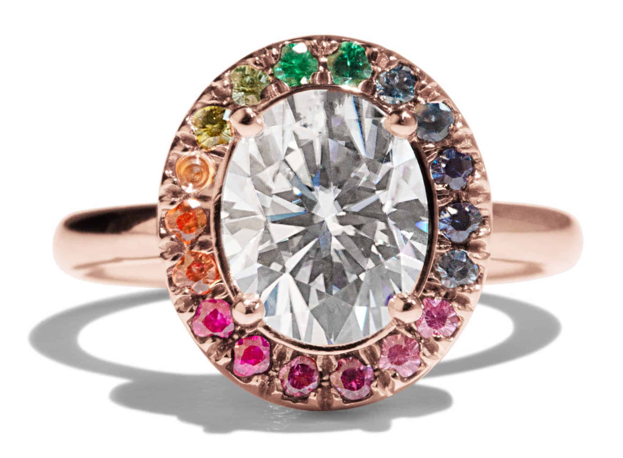Custom Oval Cut Moissanite Rainbow Halo Ring