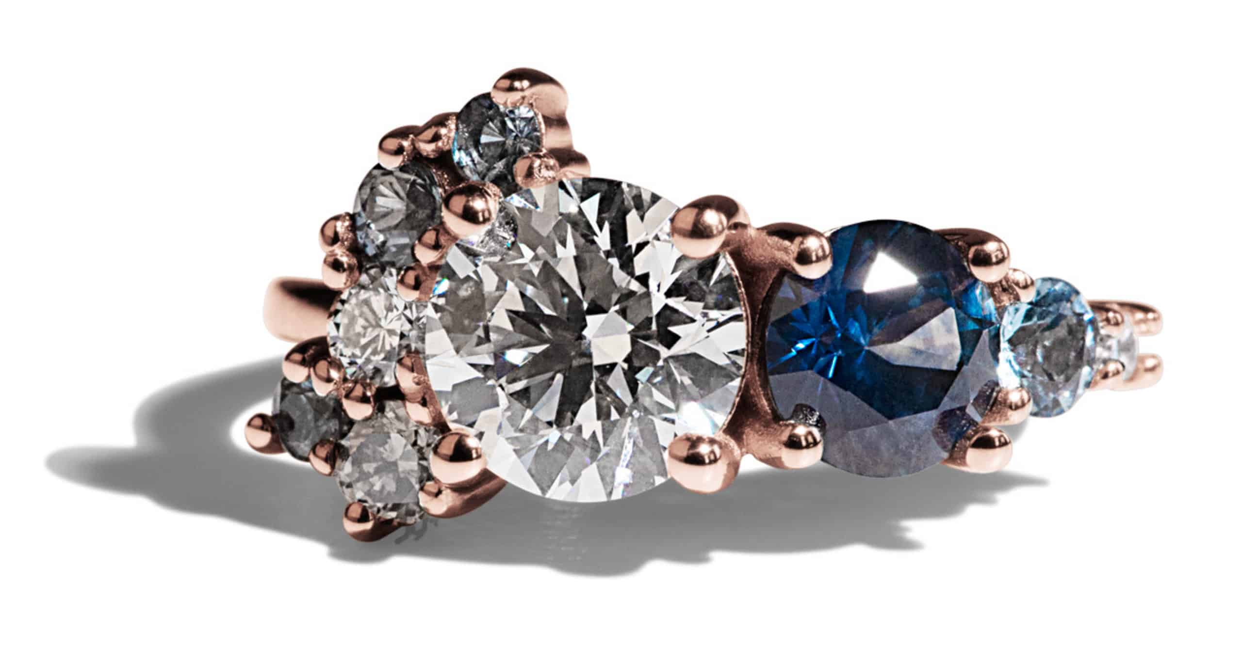 Custom Diamond, Blue Green Sapphire, and Aquamarine Cluster Ring