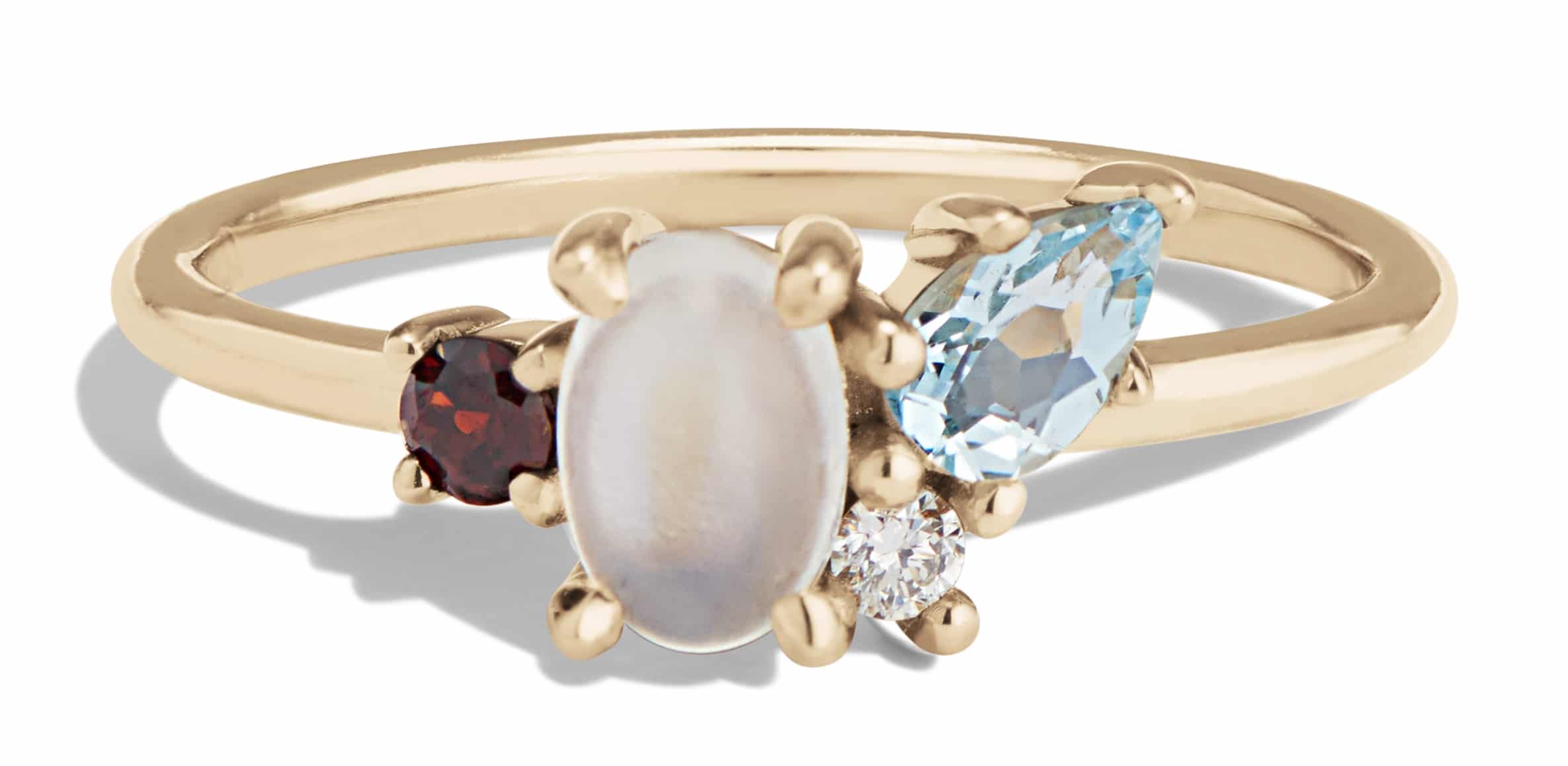 Custom Moonstone, Aquamarine, and Garnet Cluster Ring
