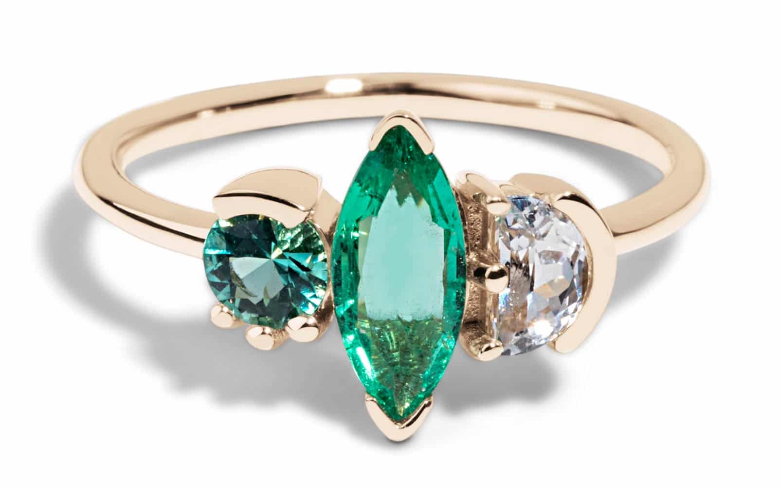 Custom Emerald and White Sapphire Triad Ring