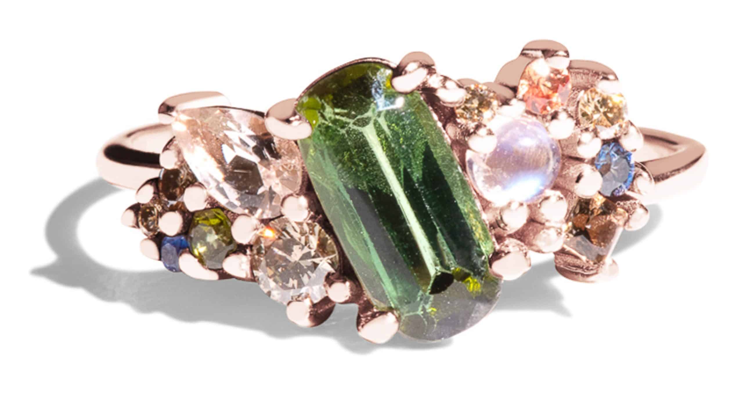 Custom Green Tourmaline and Champagne Diamond Cluster Ring