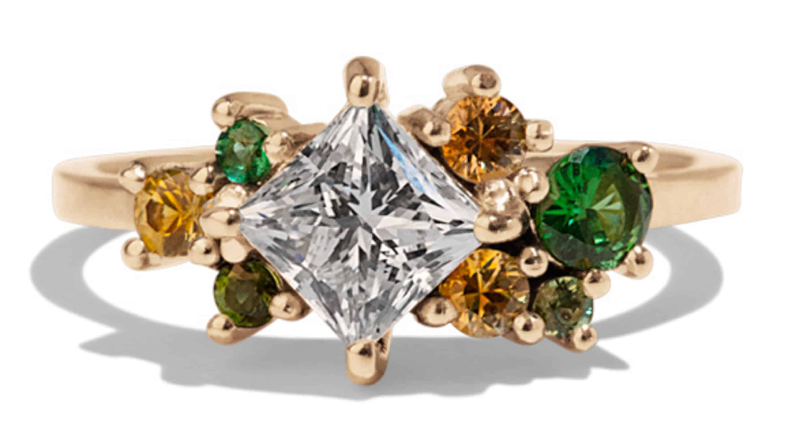 Custom Diamond, Apricot Sapphire, and Emerald Cluster Ring