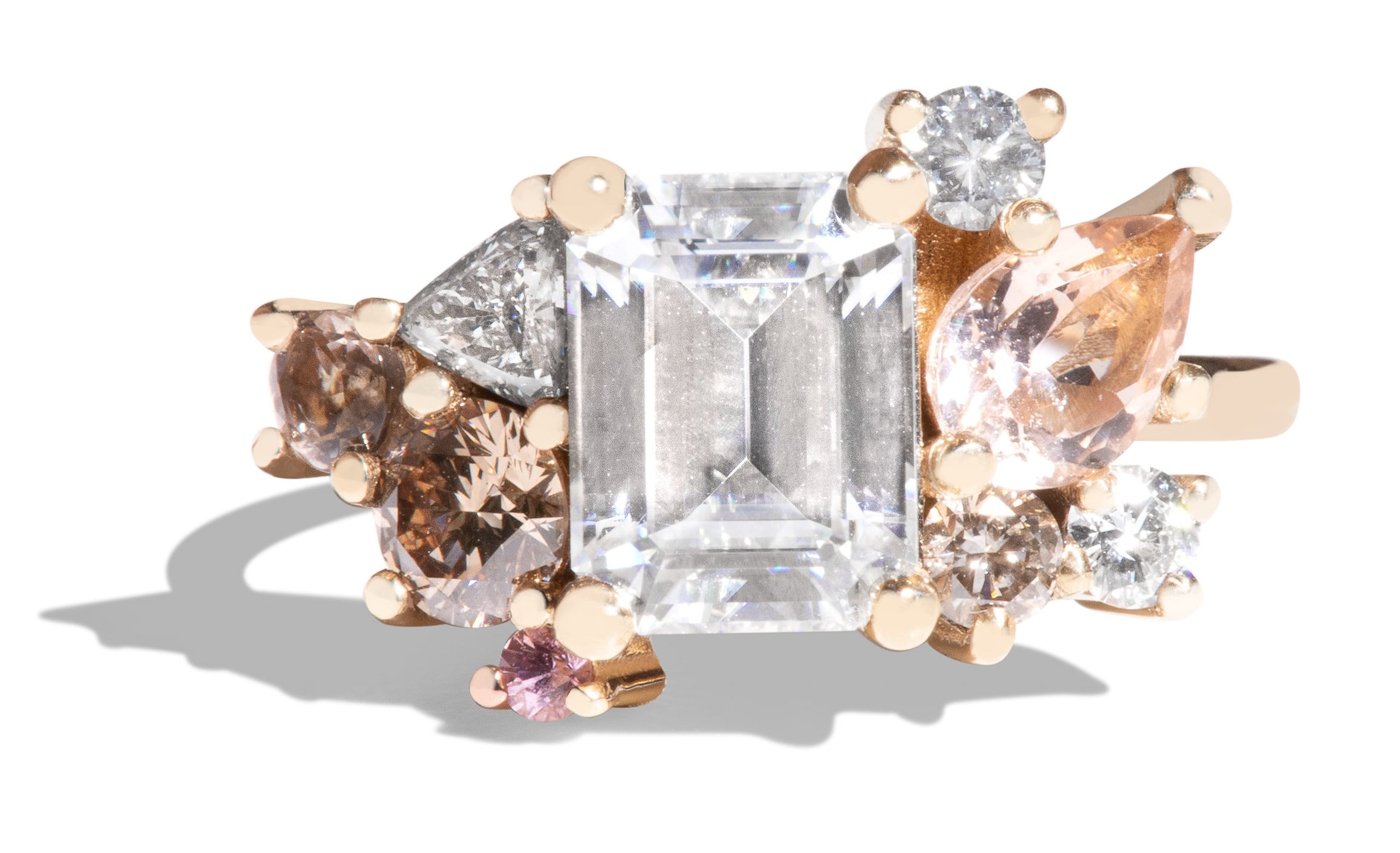 Custom Emerald Cut Moissanite and Morganite Cluster Ring