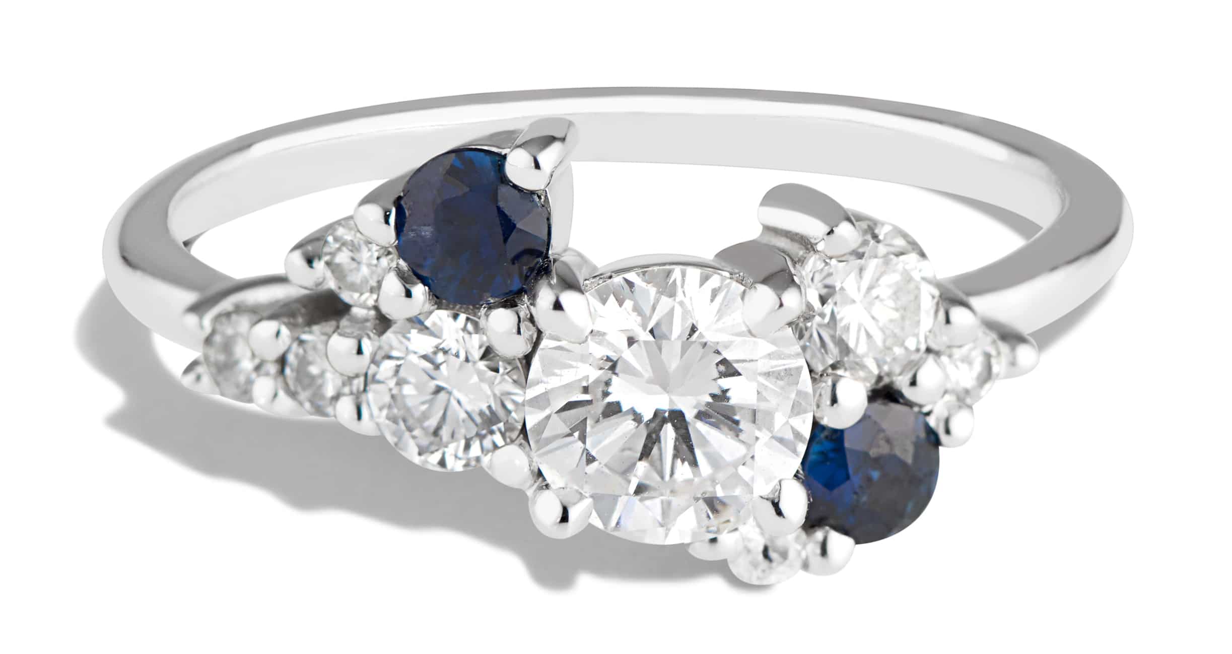 Custom Brilliant Cut Diamond and Blue Sapphire Cluster Ring