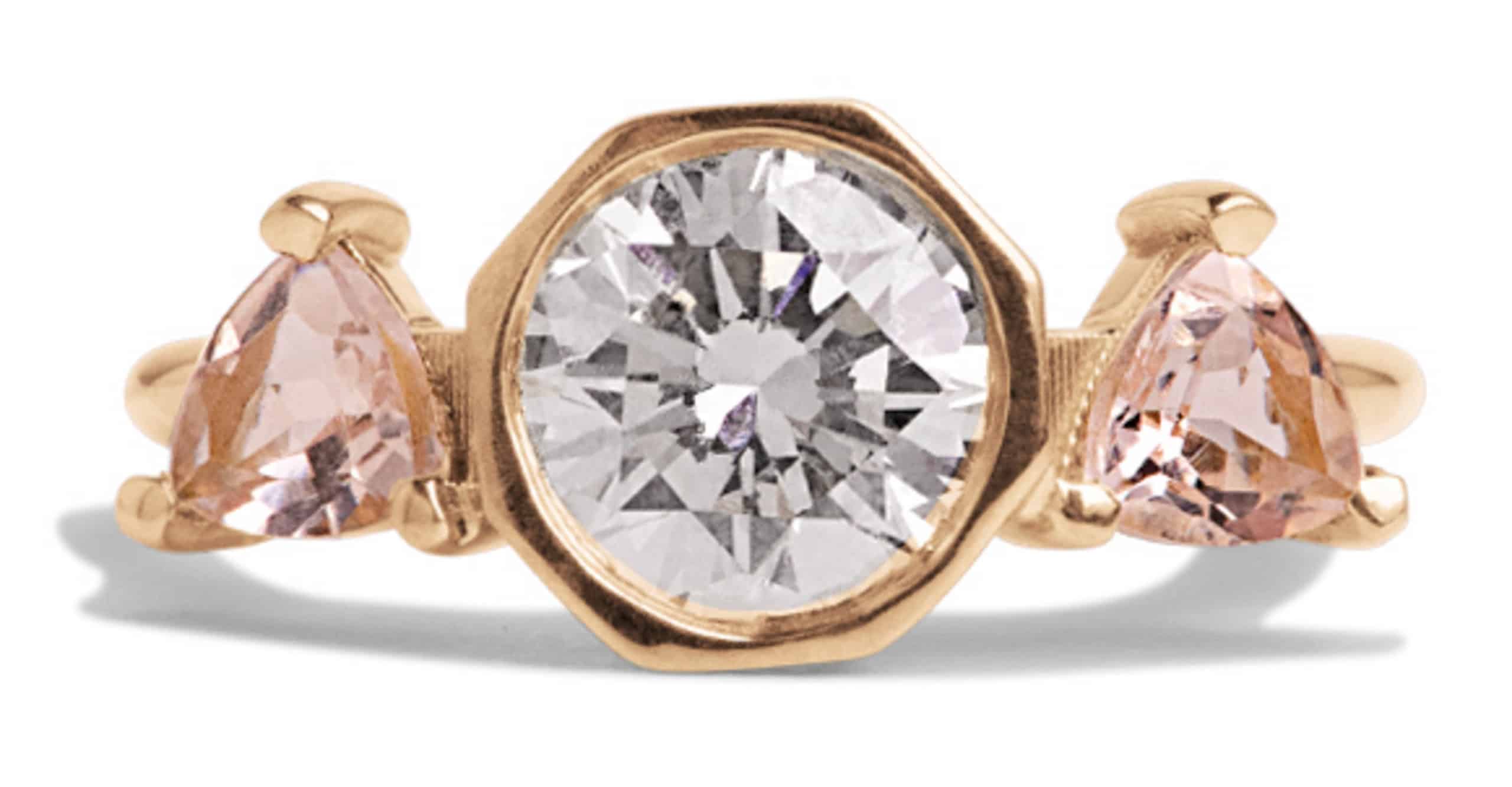 Custom Diamond and Trillion Cut Morganite Triad Ring