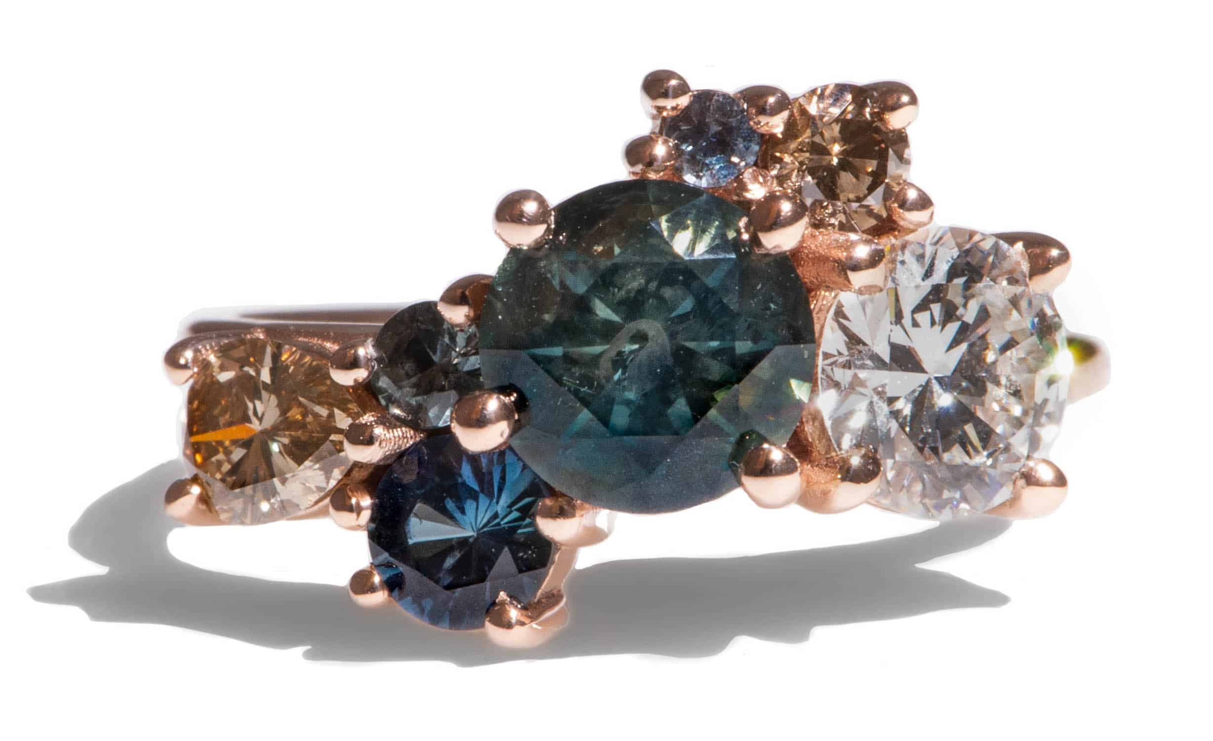 Custom Green Sapphire and Champagne Diamond Cluster Ring