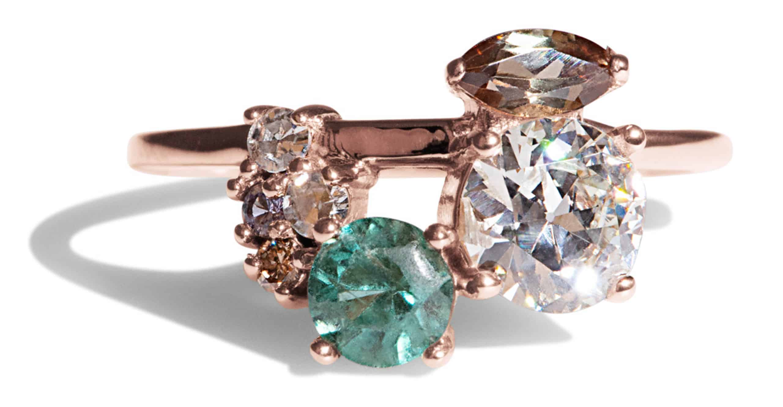 Custom Blue Green Sapphire & Diamond Cluster Rose Gold Ring