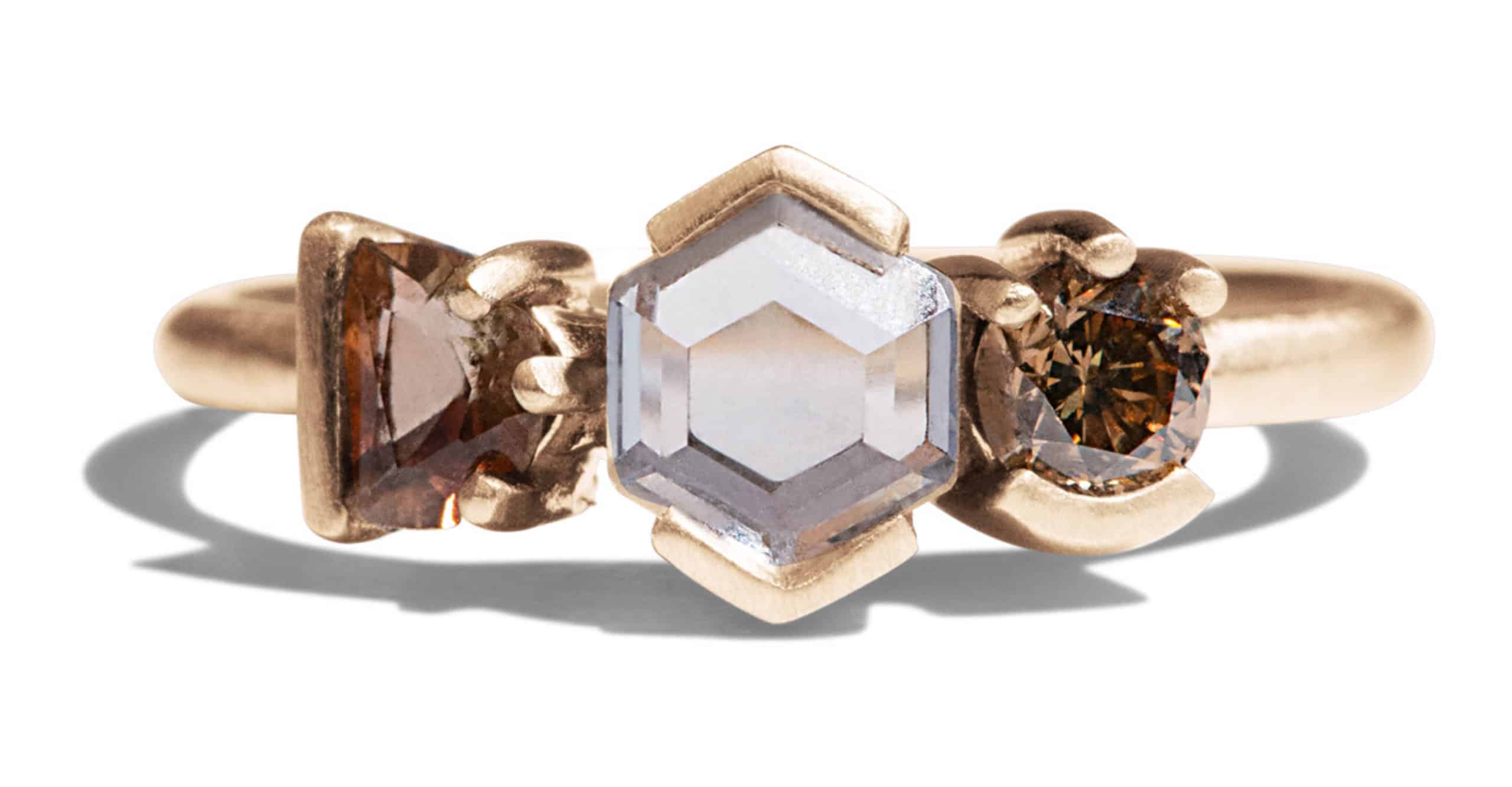 Custom Sapphire, Andalusite, and Champagne Diamond Triad Ring