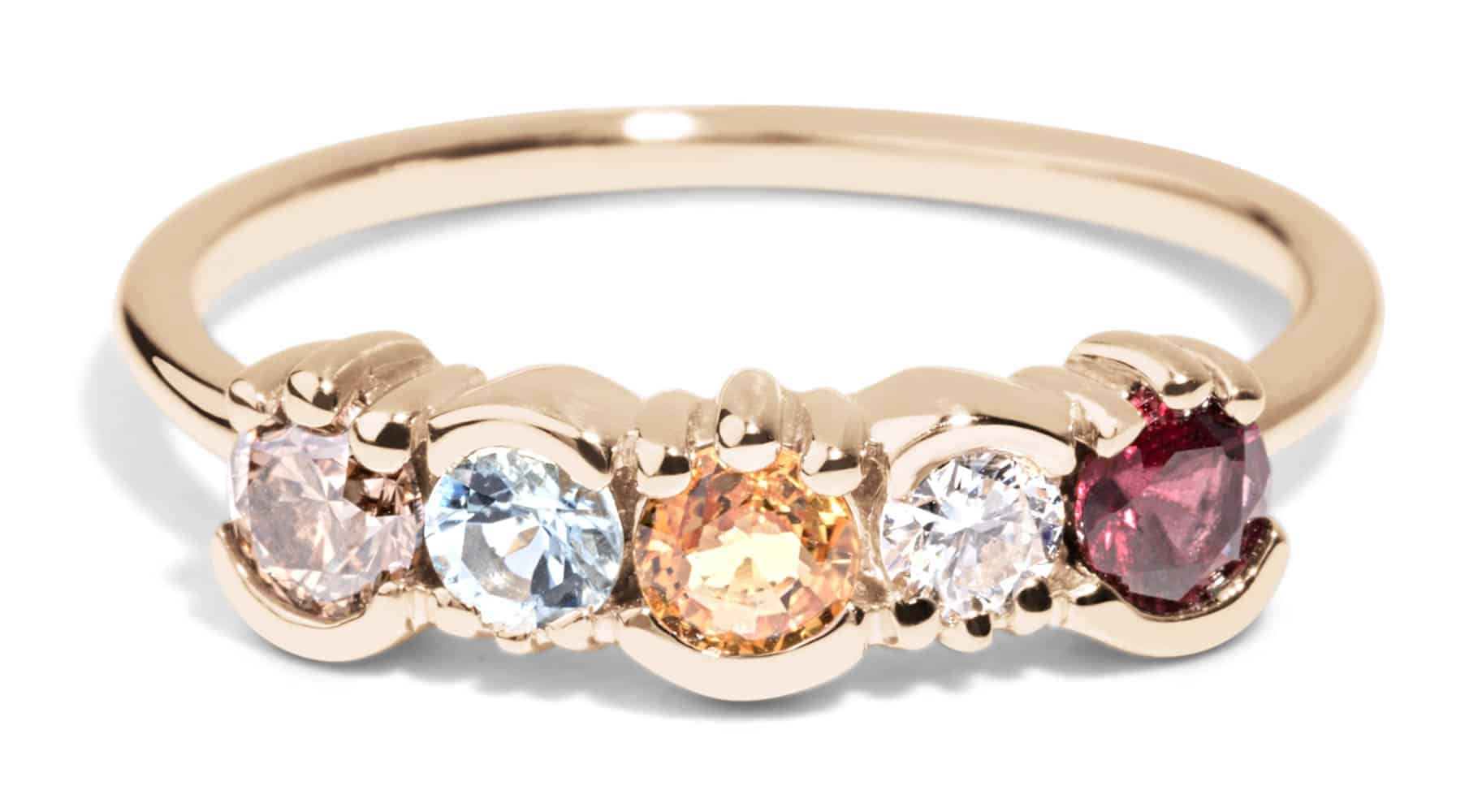 Custom Apricot Sapphire, Champagne Diamond, and Garnet Ring