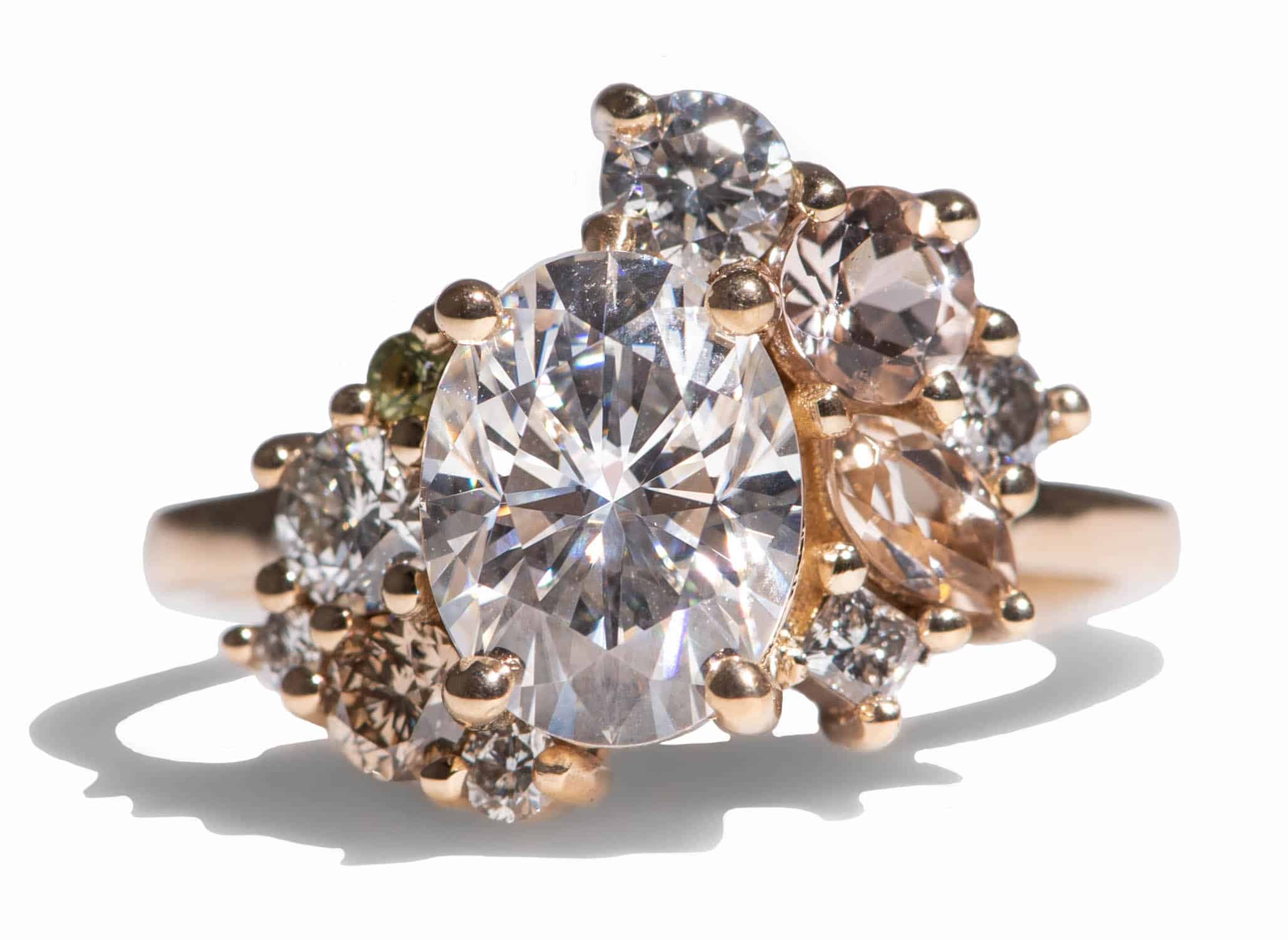 Custom Oval Cut Moissanite and Champagne Diamond Cluster Ring