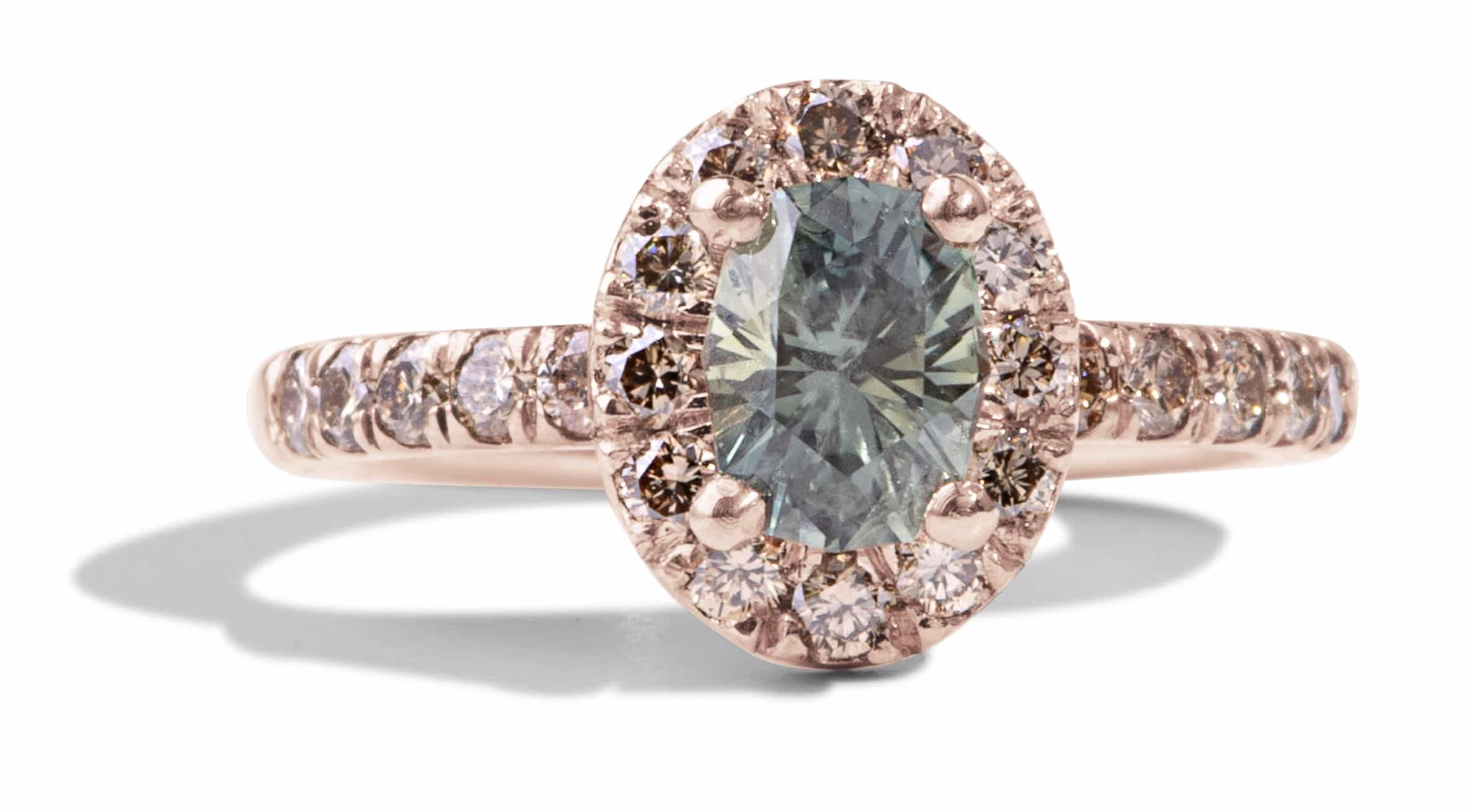 Custom Blue Green Sapphire and Champagne Diamond Halo Ring